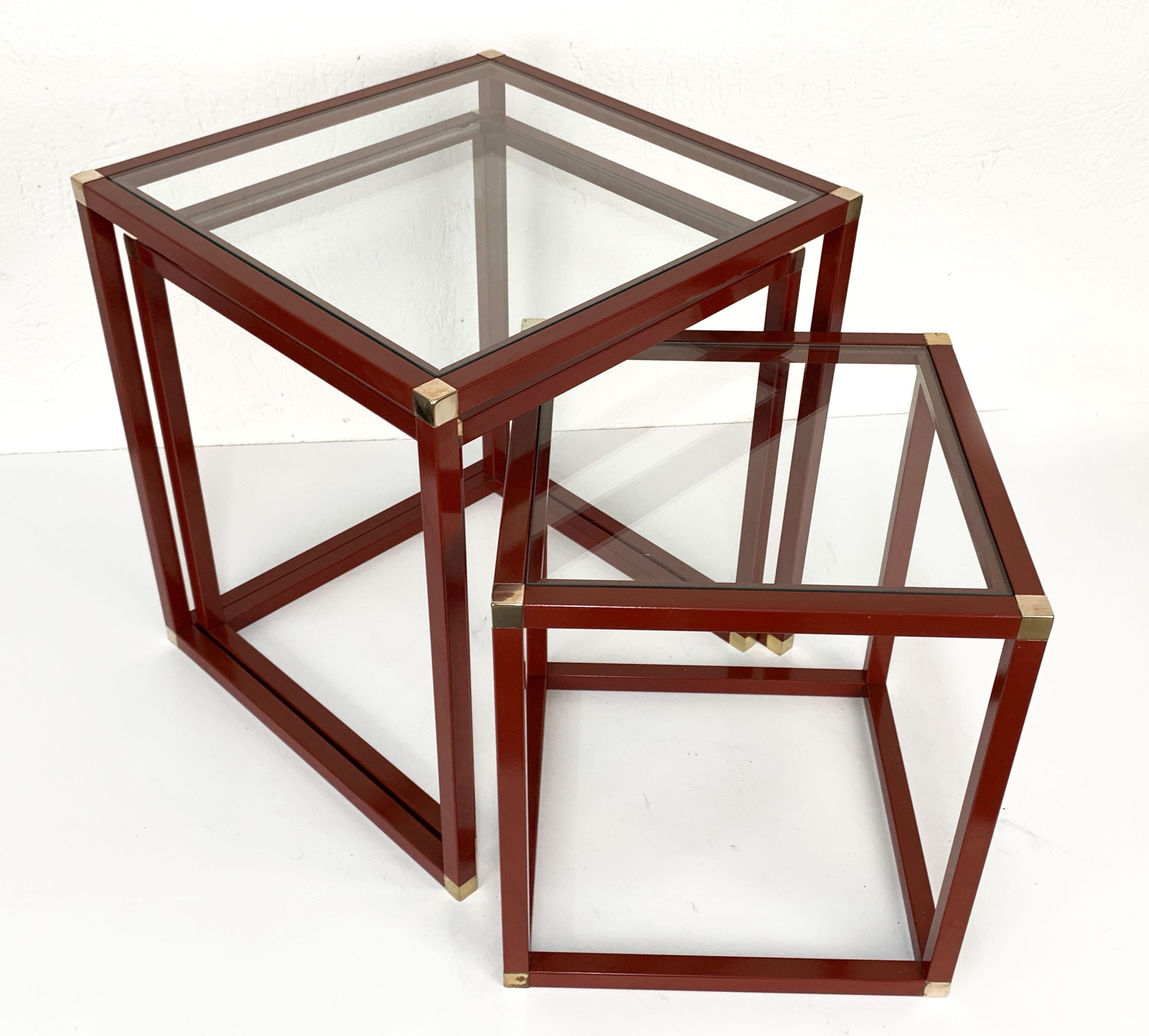 Tommaso Barbi Brass Red Enameled Metal and Glass Italian Nesting Tables, 1970s 8