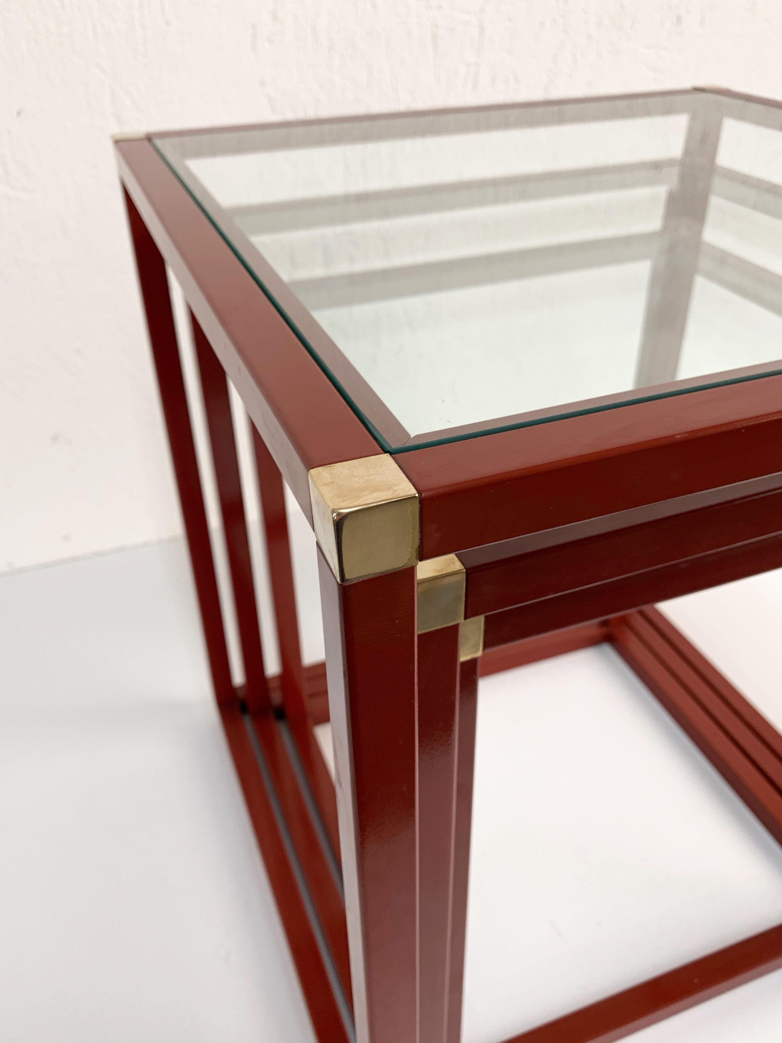 Tommaso Barbi Brass Red Enameled Metal and Glass Italian Nesting Tables, 1970s 9