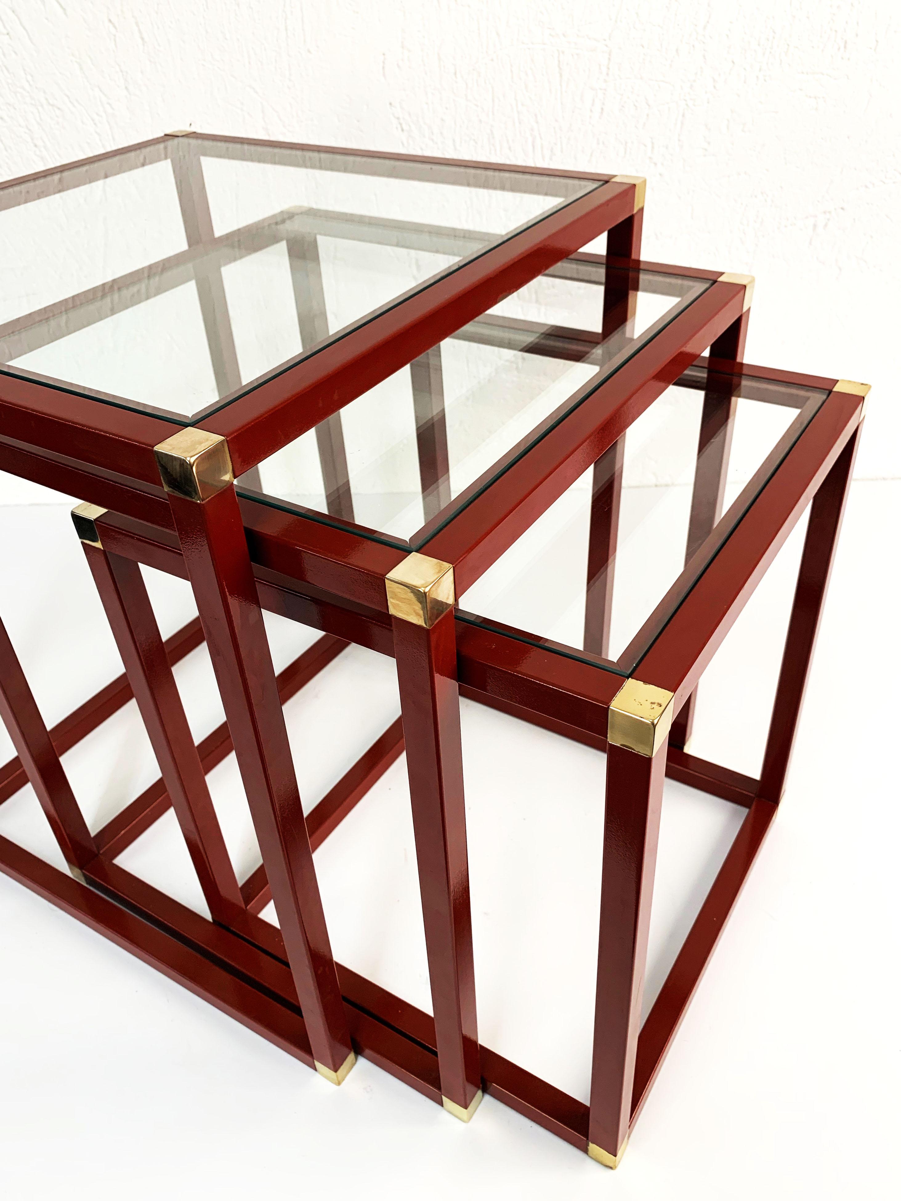 Tommaso Barbi Brass Red Enameled Metal and Glass Italian Nesting Tables, 1970s 10