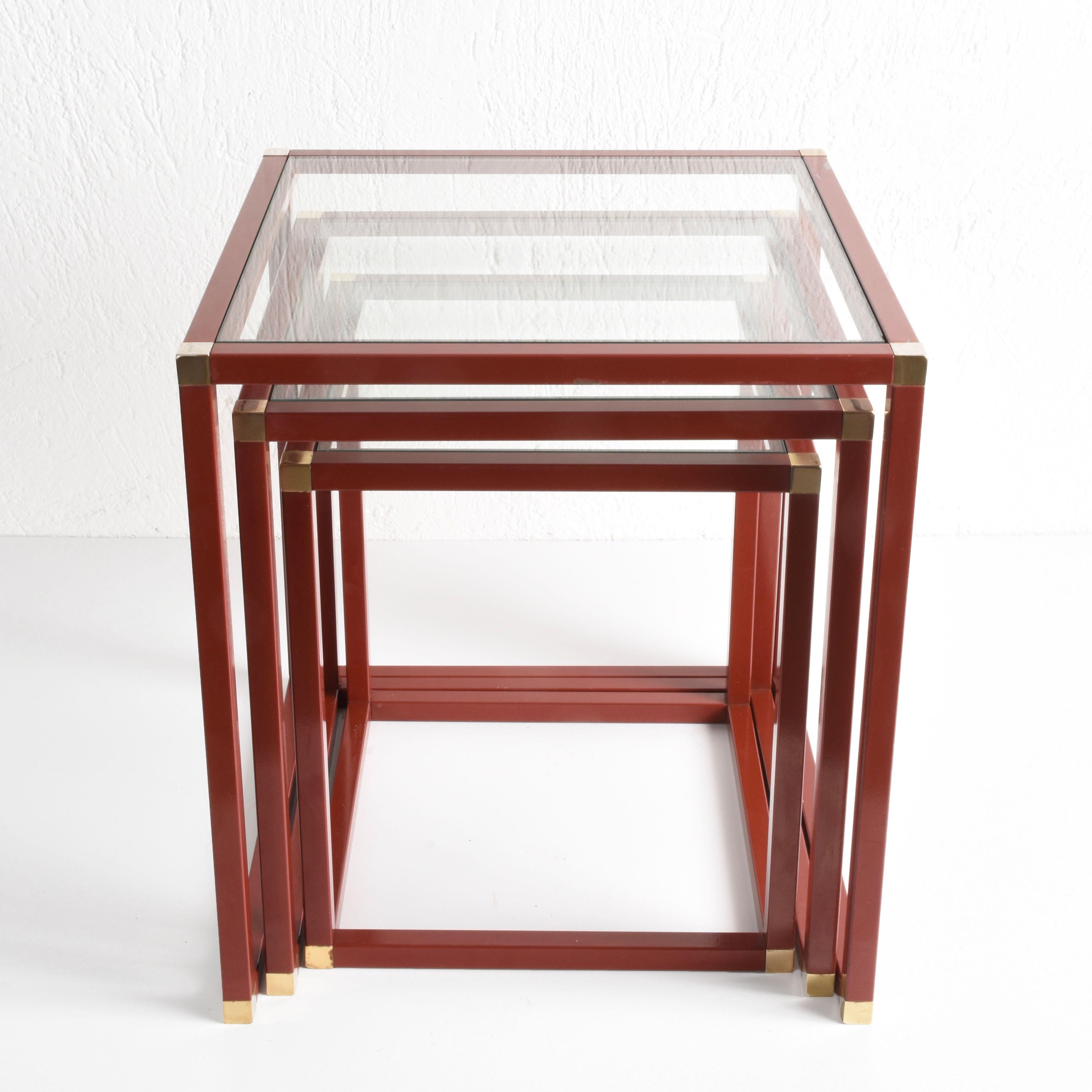 Mid-Century Modern Tommaso Barbi Brass Red Enameled Metal and Glass Italian Nesting Tables, 1970s
