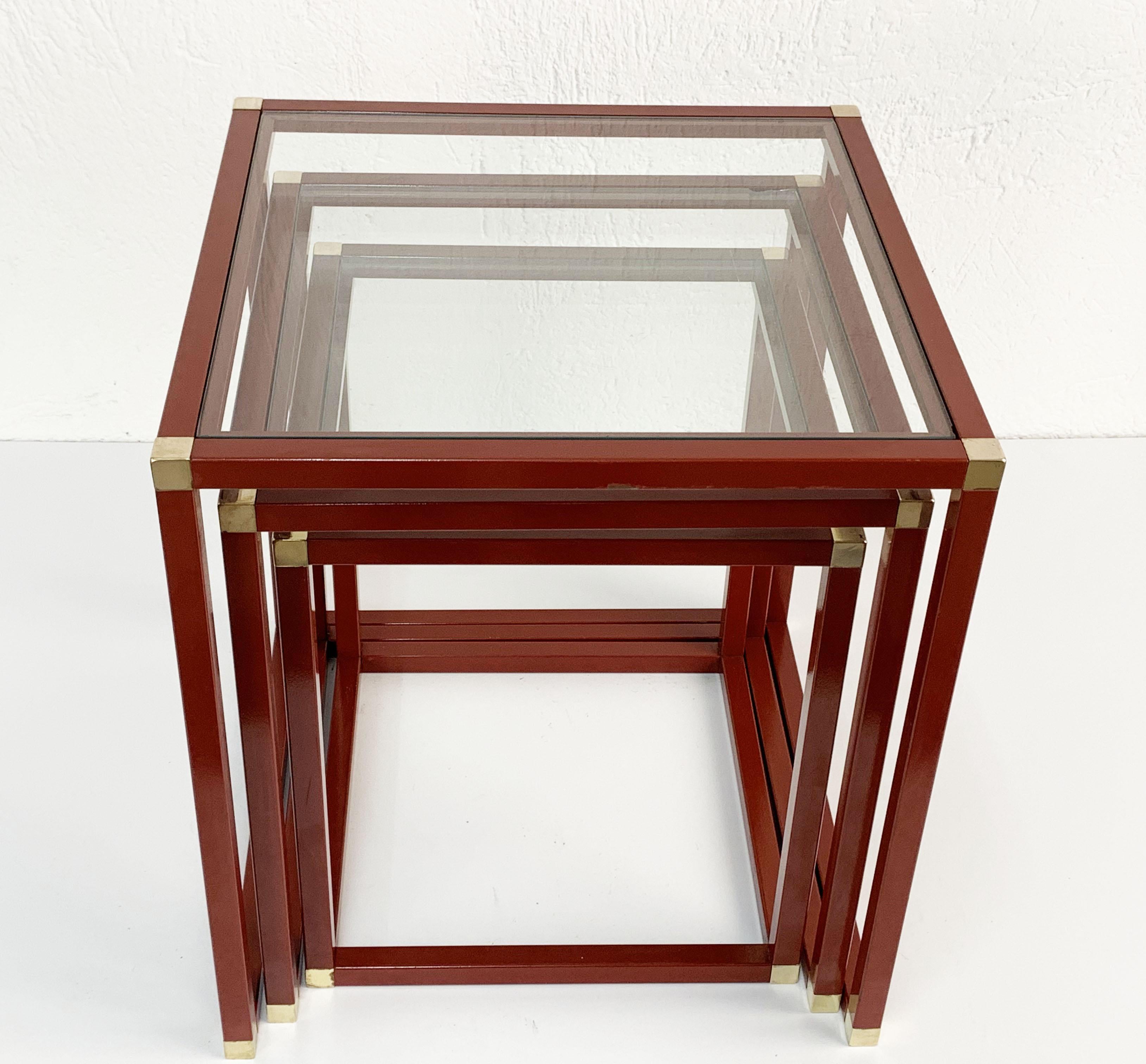 Late 20th Century Tommaso Barbi Brass Red Enameled Metal and Glass Italian Nesting Tables, 1970s