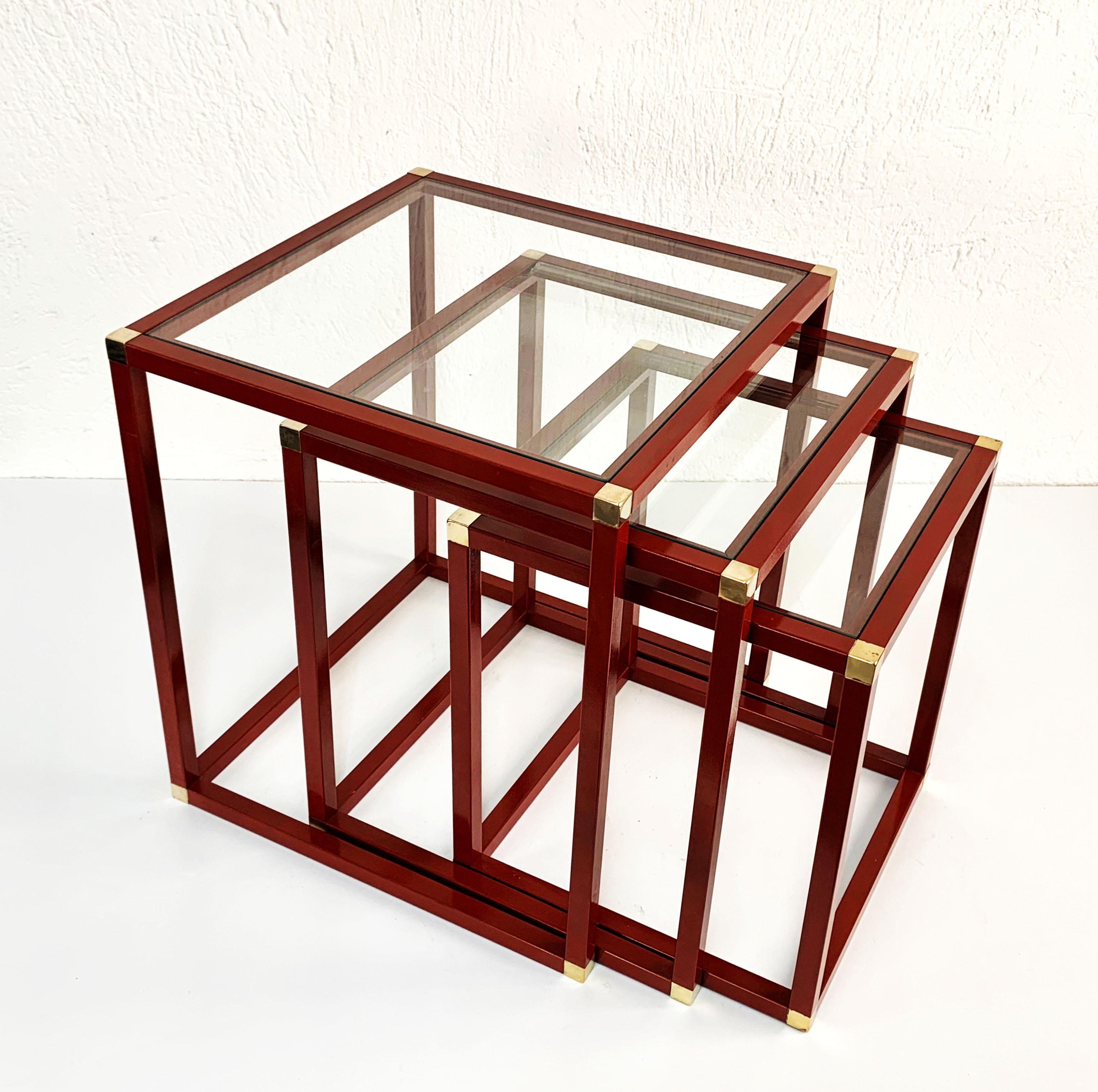 Tommaso Barbi Brass Red Enameled Metal and Glass Italian Nesting Tables, 1970s 1