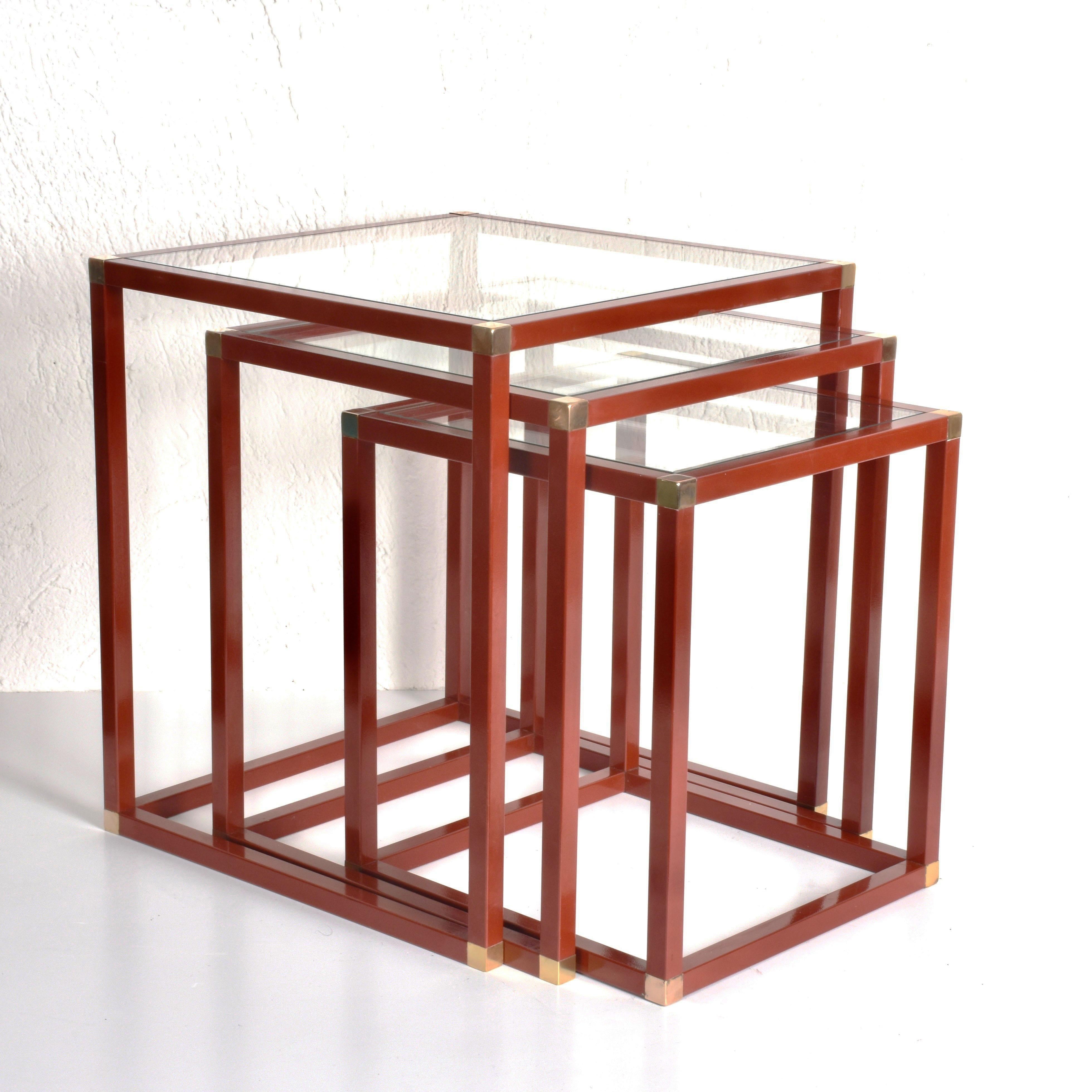 Tommaso Barbi Brass Red Enameled Metal and Glass Italian Nesting Tables, 1970s 2