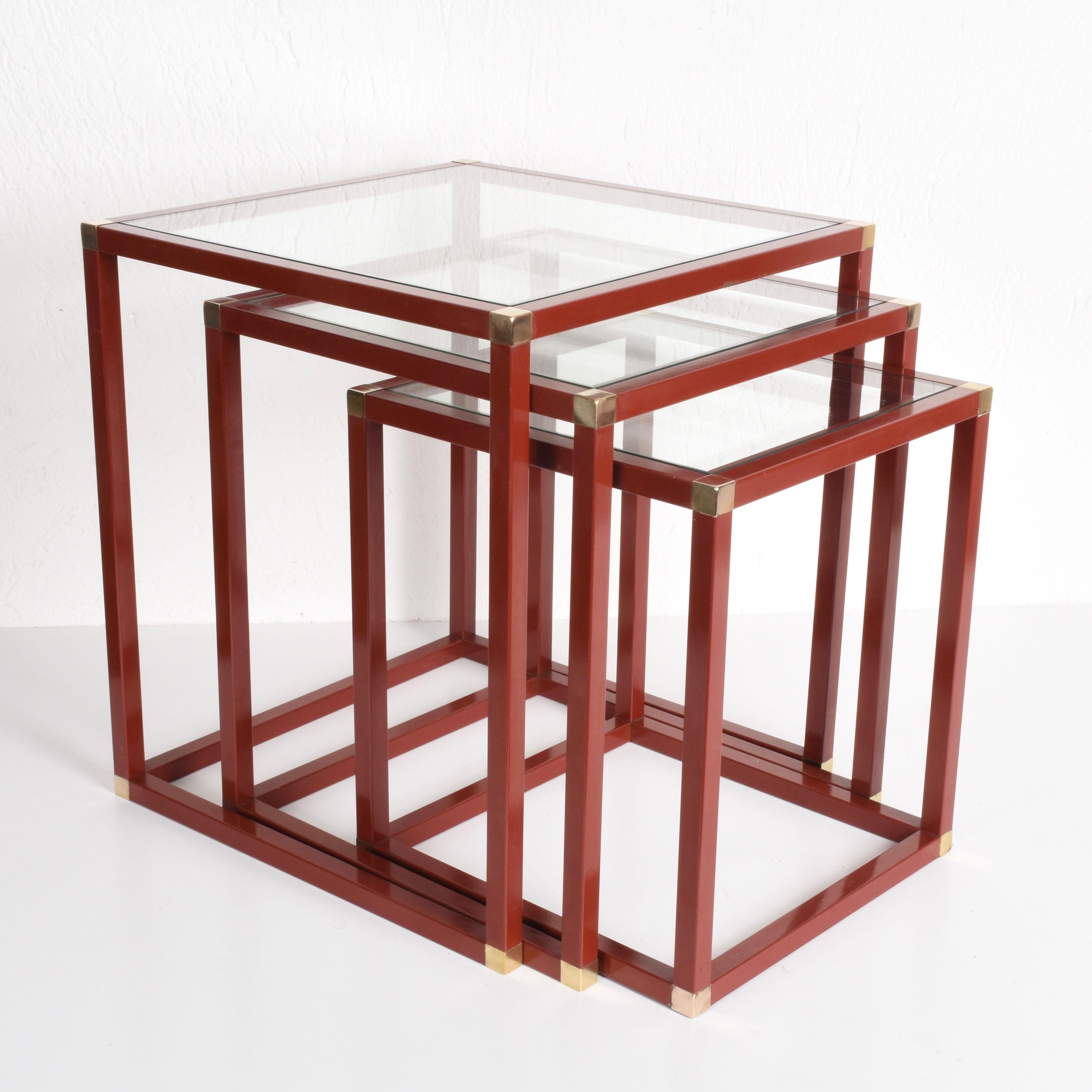 Tommaso Barbi Brass Red Enameled Metal and Glass Italian Nesting Tables, 1970s 3
