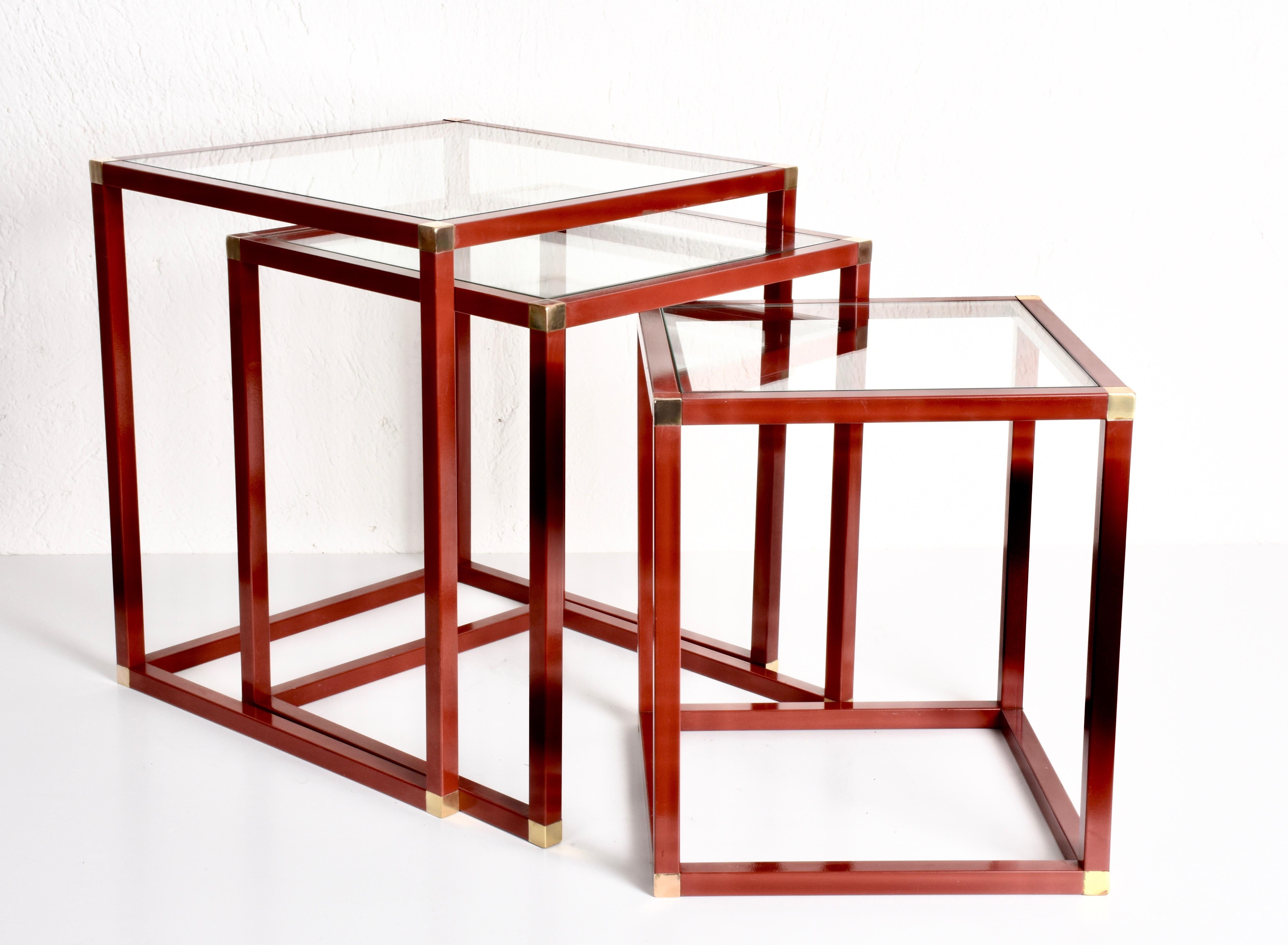Tommaso Barbi Brass Red Enameled Metal and Glass Italian Nesting Tables, 1970s 4