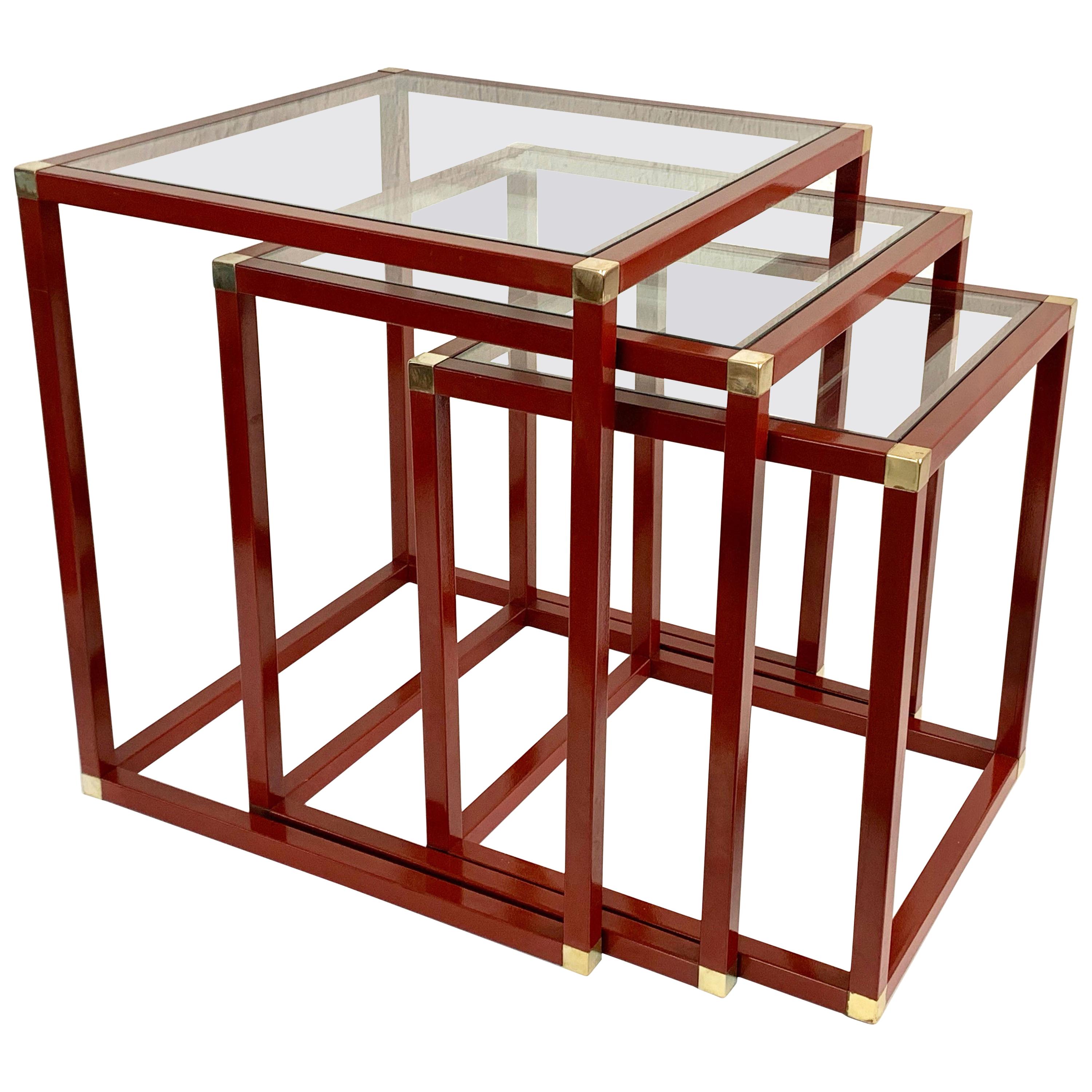 Tommaso Barbi Brass Red Enameled Metal and Glass Italian Nesting Tables, 1970s