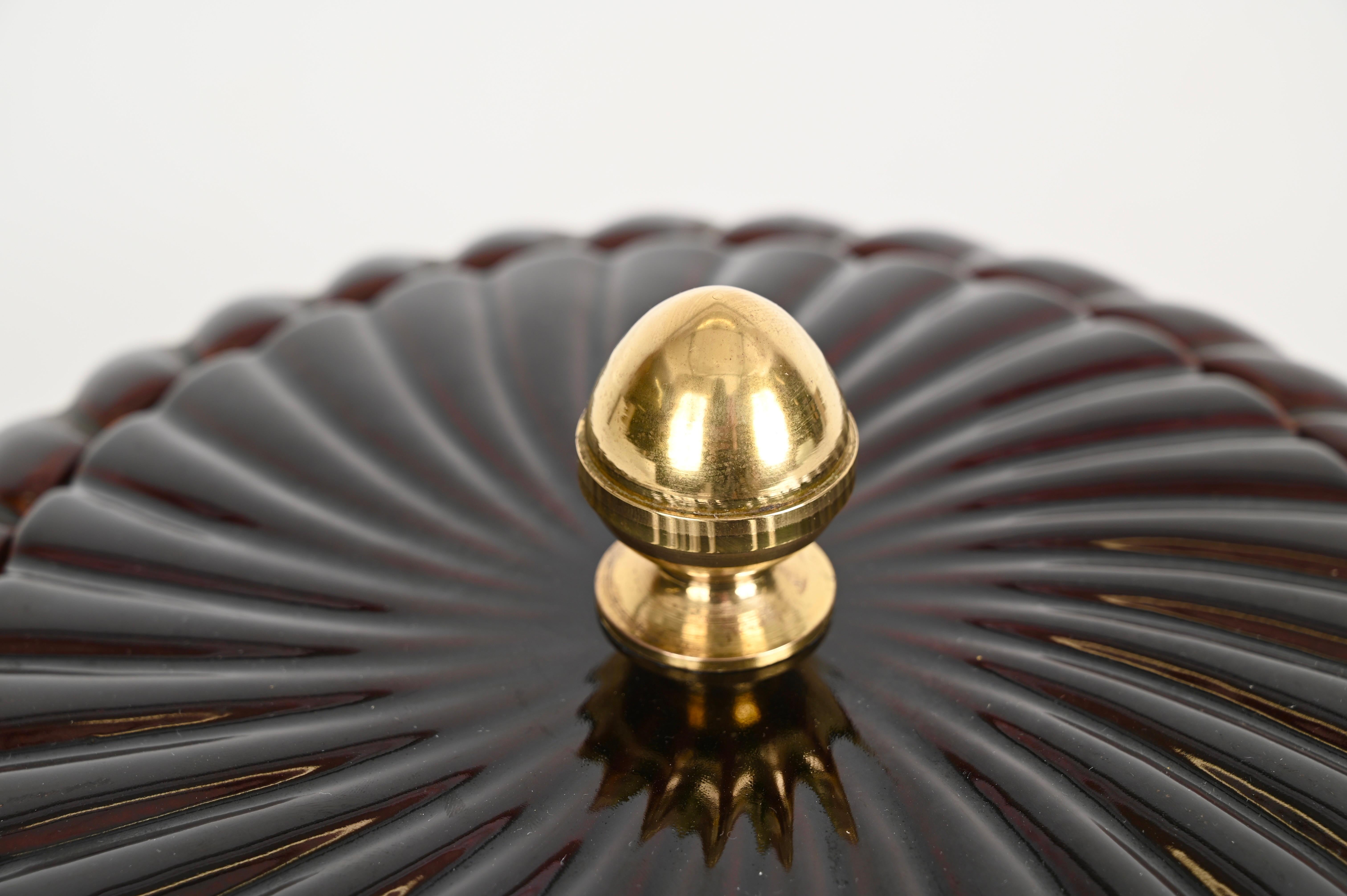 Tommaso Barbi Brown Ceramic and Brass Decorative Box or Centerpiece, Italy 1970s For Sale 3