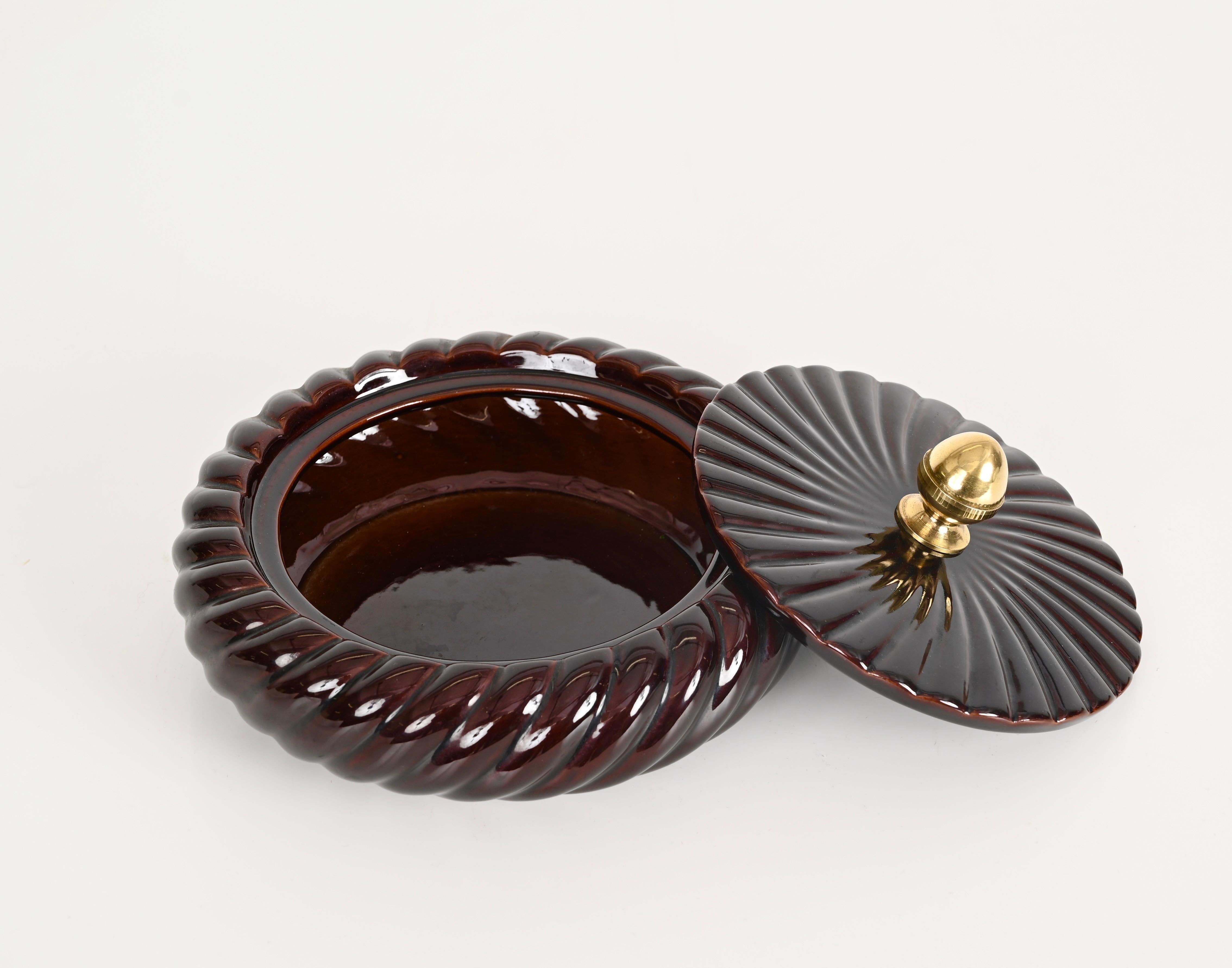 Tommaso Barbi Brown Ceramic and Brass Decorative Box or Centerpiece, Italy 1970s For Sale 5