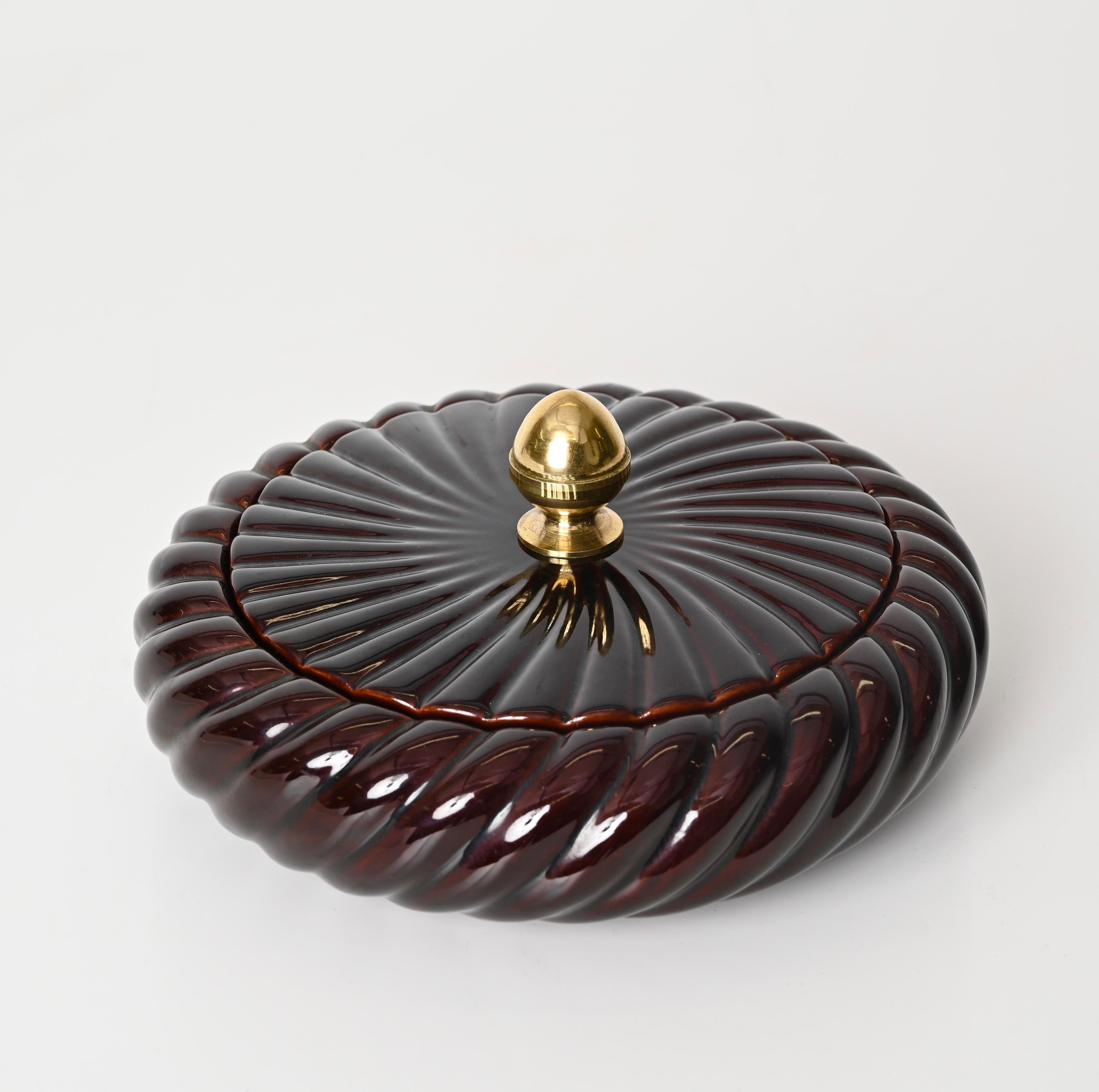 Tommaso Barbi Brown Ceramic and Brass Decorative Box or Centerpiece, Italy 1970s For Sale 9