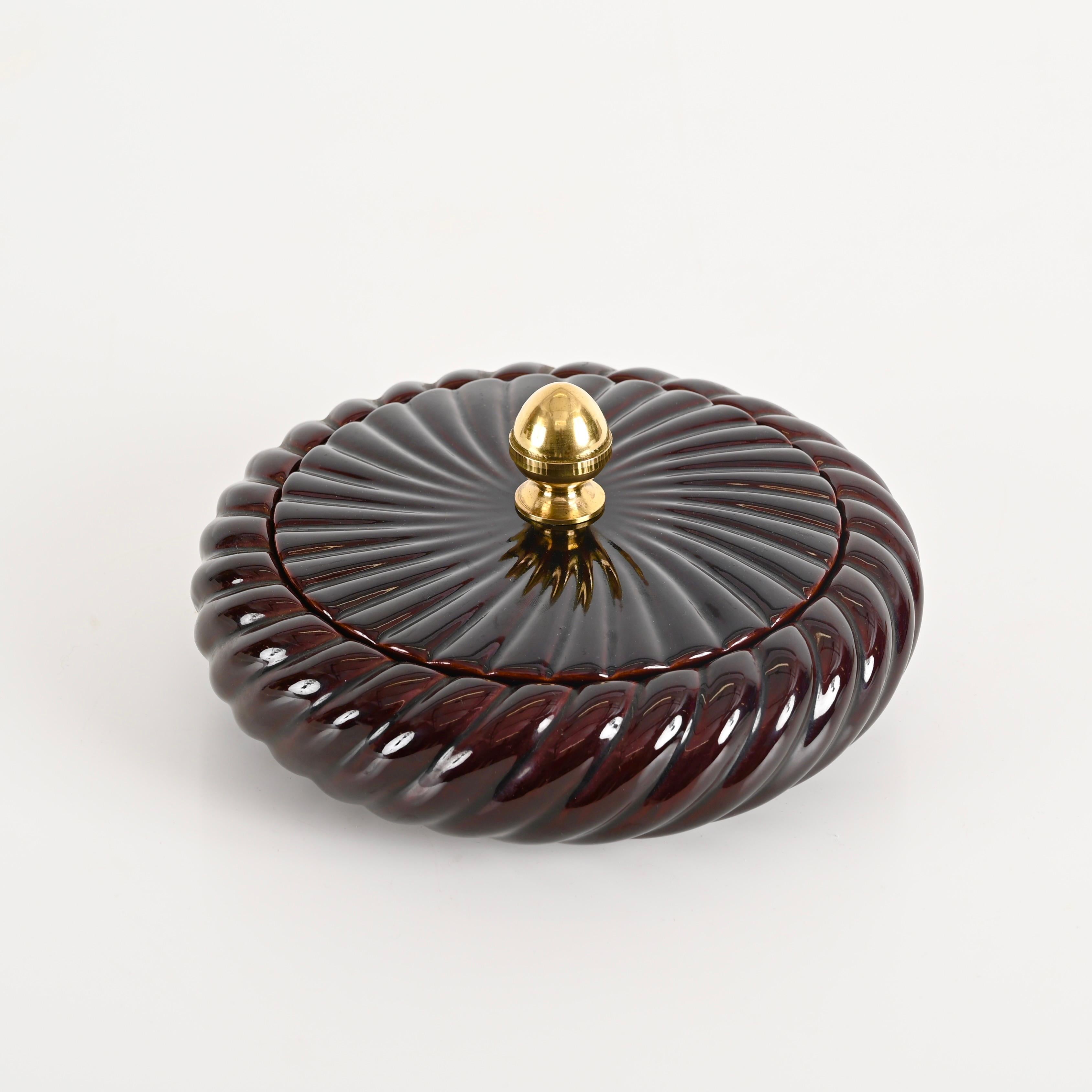 Tommaso Barbi Brown Ceramic and Brass Decorative Box or Centerpiece, Italy 1970s For Sale 10