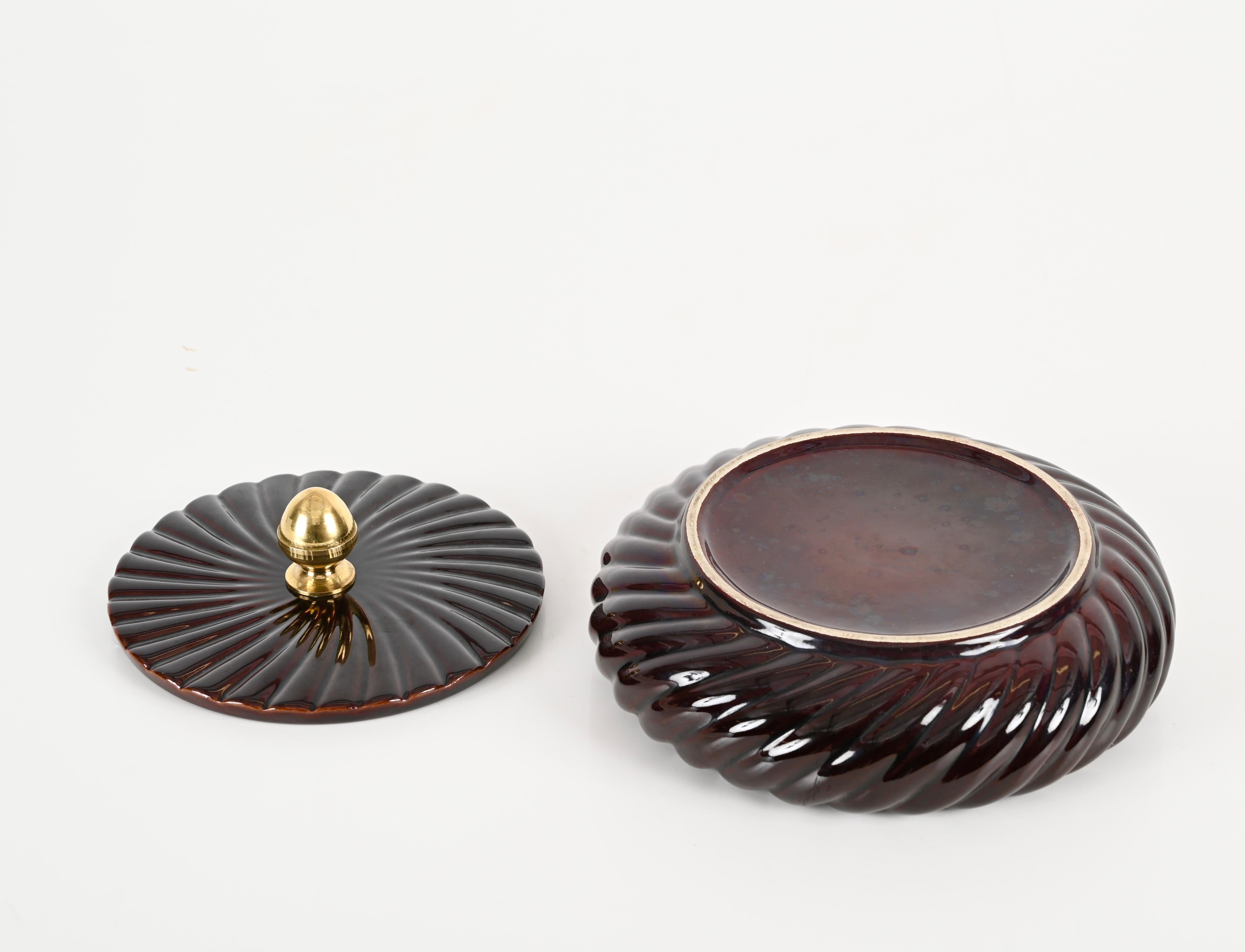 Tommaso Barbi Brown Ceramic and Brass Decorative Box or Centerpiece, Italy 1970s For Sale 11