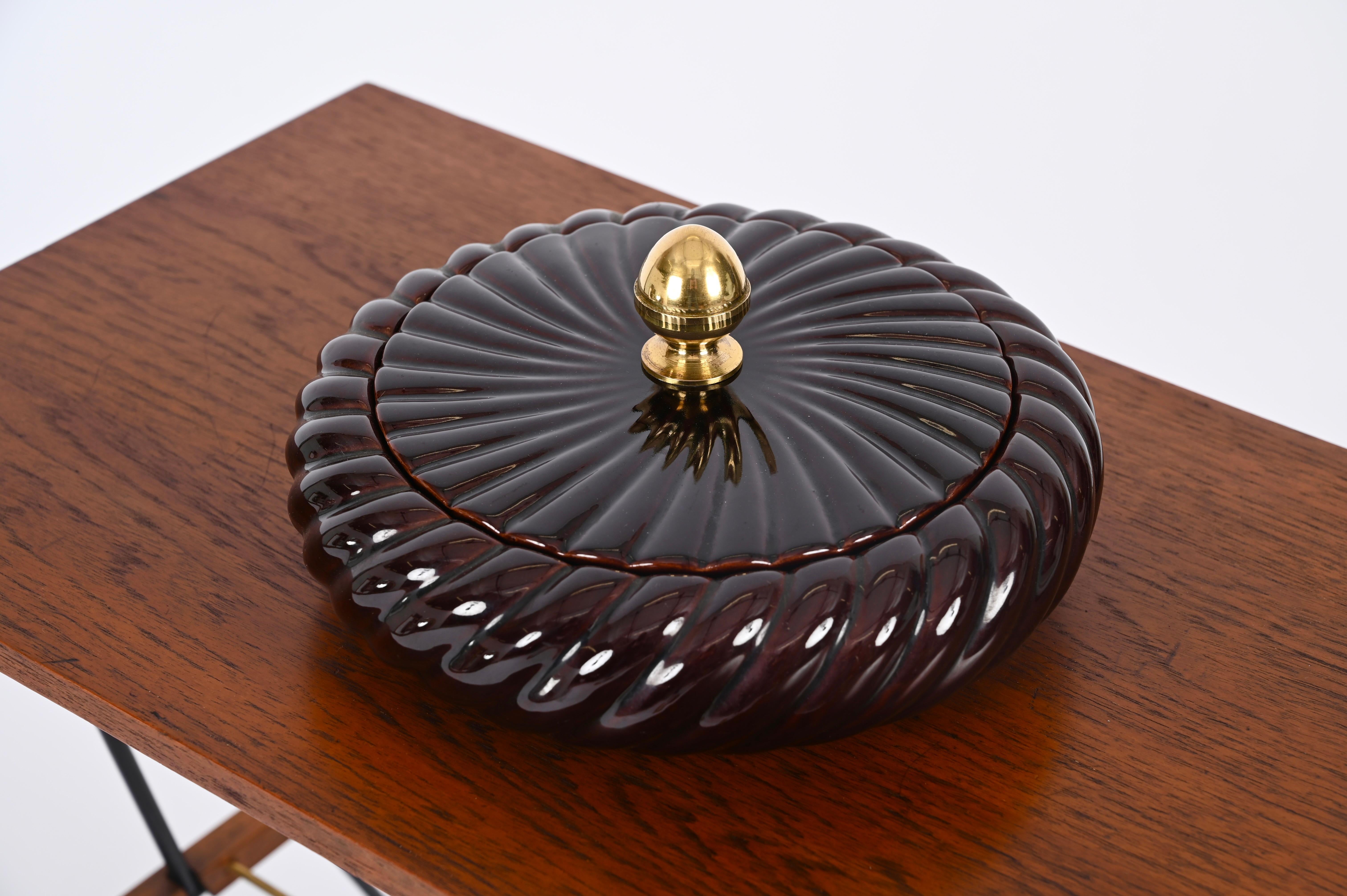Hand-Crafted Tommaso Barbi Brown Ceramic and Brass Decorative Box or Centerpiece, Italy 1970s For Sale