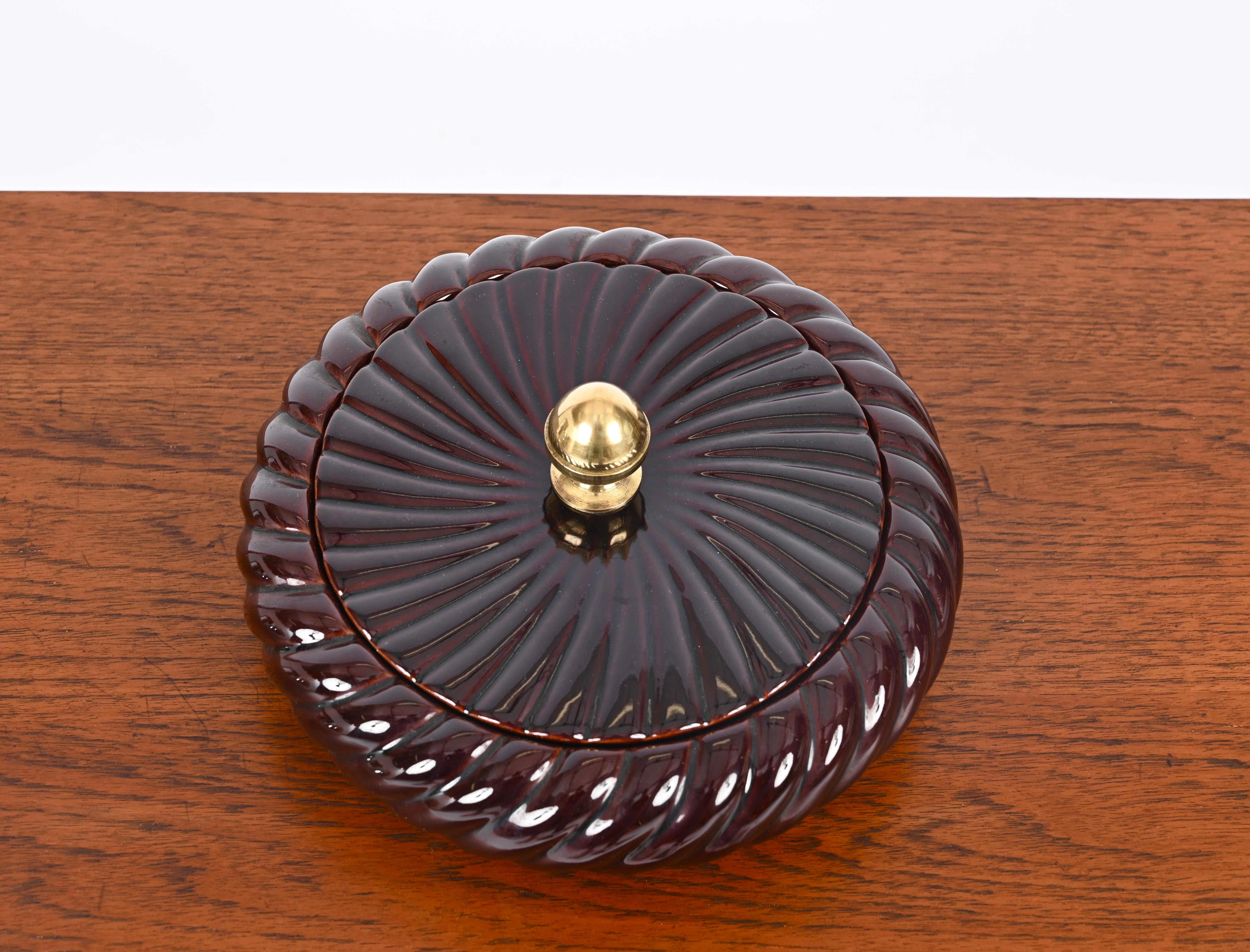 20th Century Tommaso Barbi Brown Ceramic and Brass Decorative Box or Centerpiece, Italy 1970s For Sale