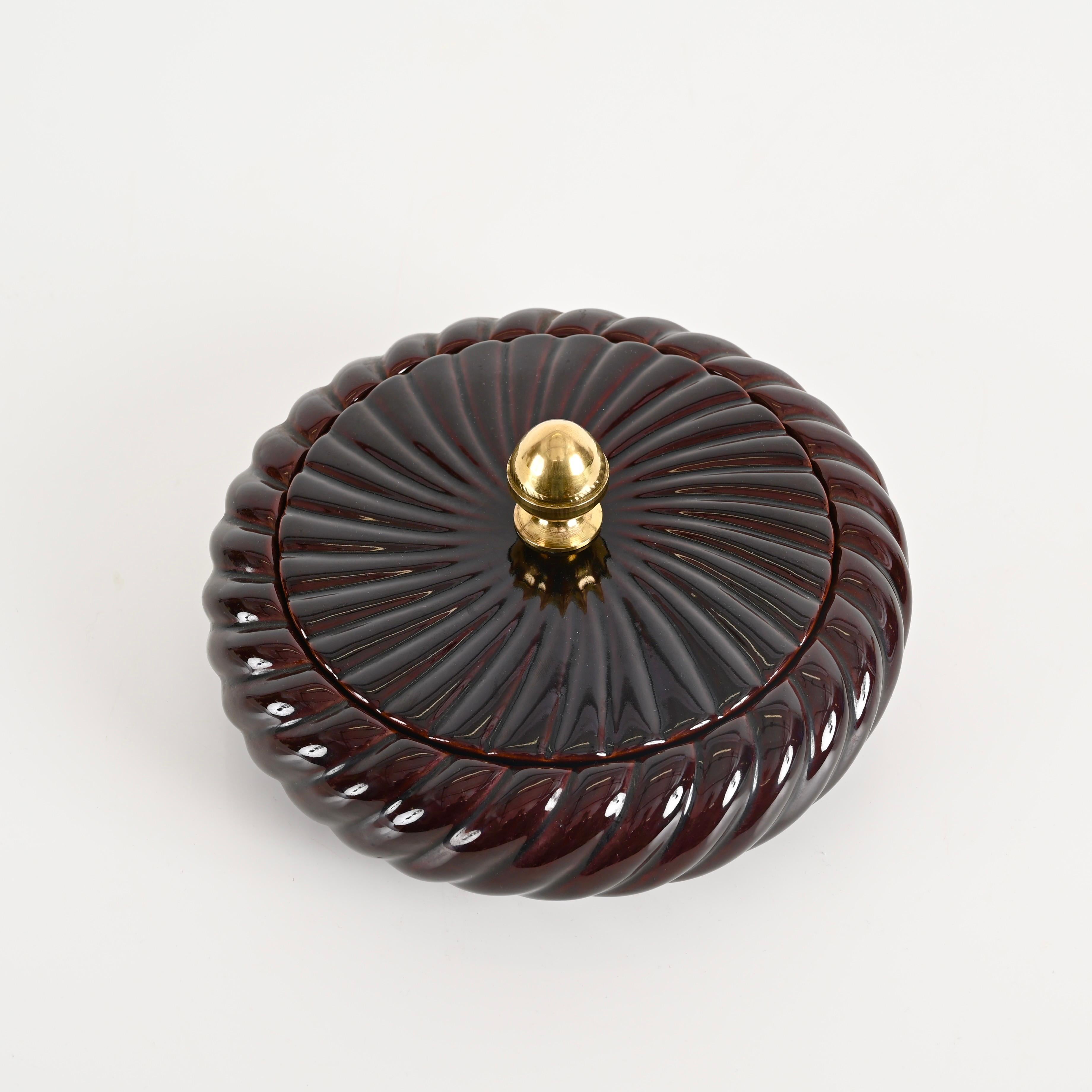 Tommaso Barbi Brown Ceramic and Brass Decorative Box or Centerpiece, Italy 1970s For Sale 1