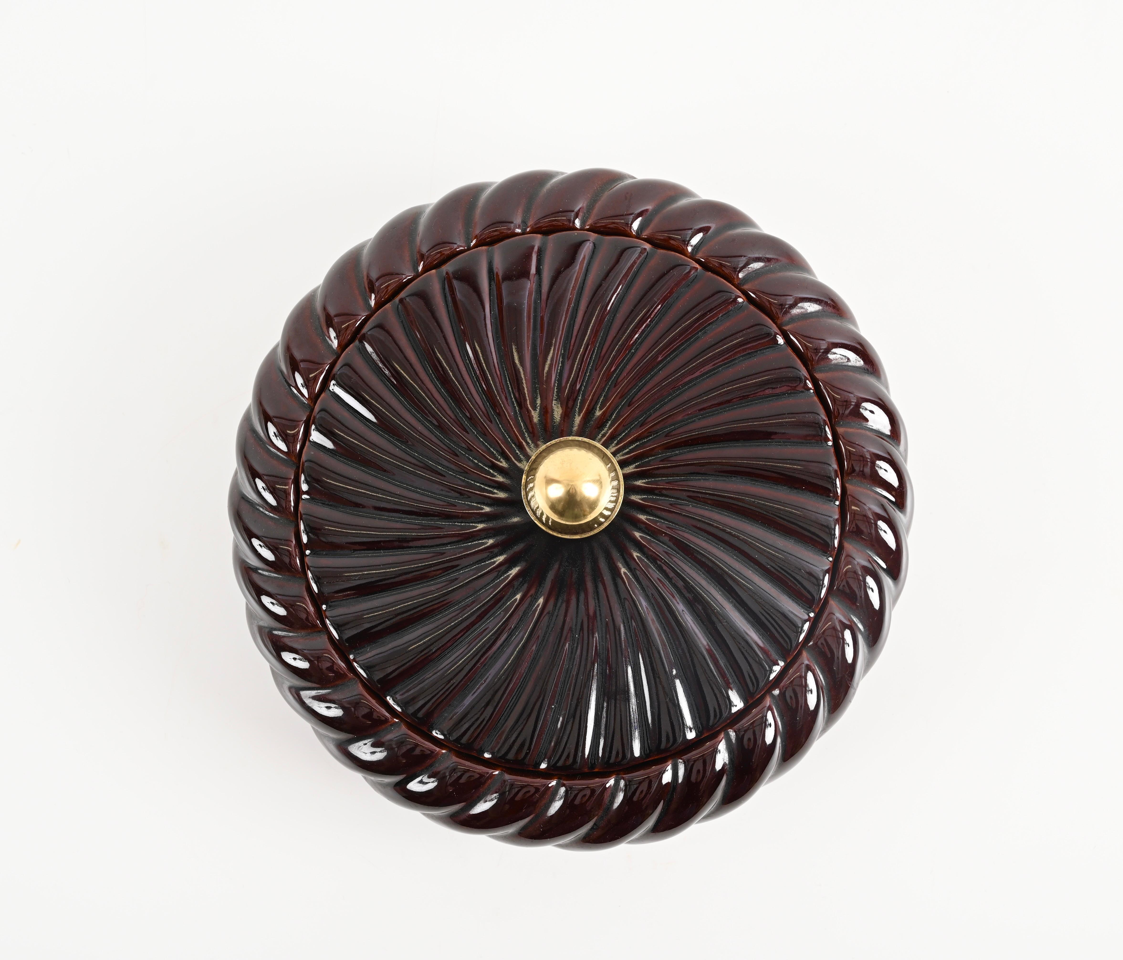 Tommaso Barbi Brown Ceramic and Brass Decorative Box or Centerpiece, Italy 1970s For Sale 2