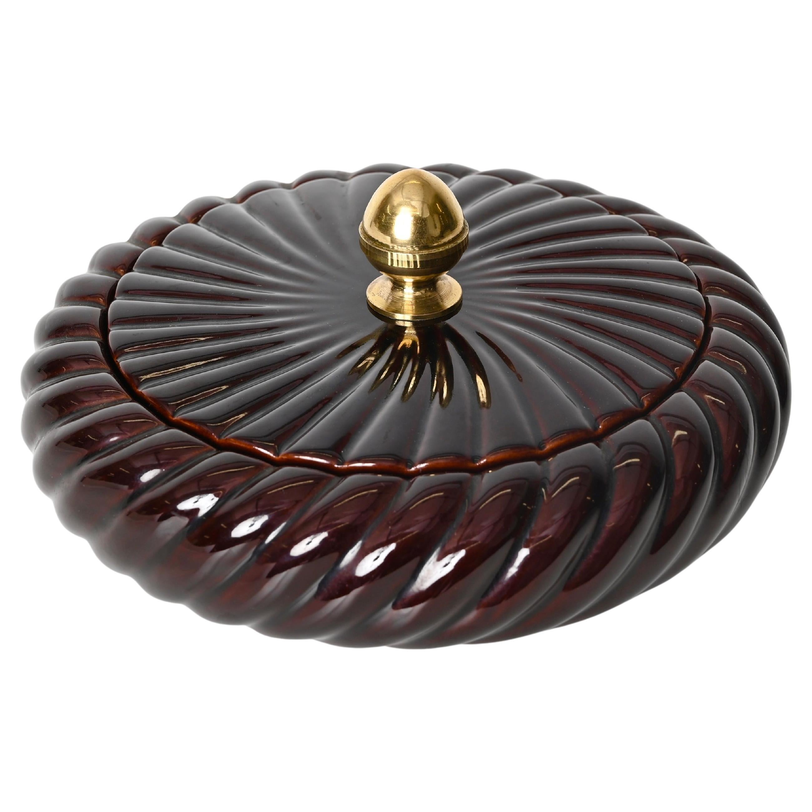 Tommaso Barbi Brown Ceramic and Brass Decorative Box or Centerpiece, Italy 1970s For Sale