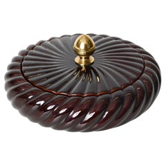 Vintage Tommaso Barbi Brown Ceramic and Brass Decorative Box or Centerpiece, Italy 1970s