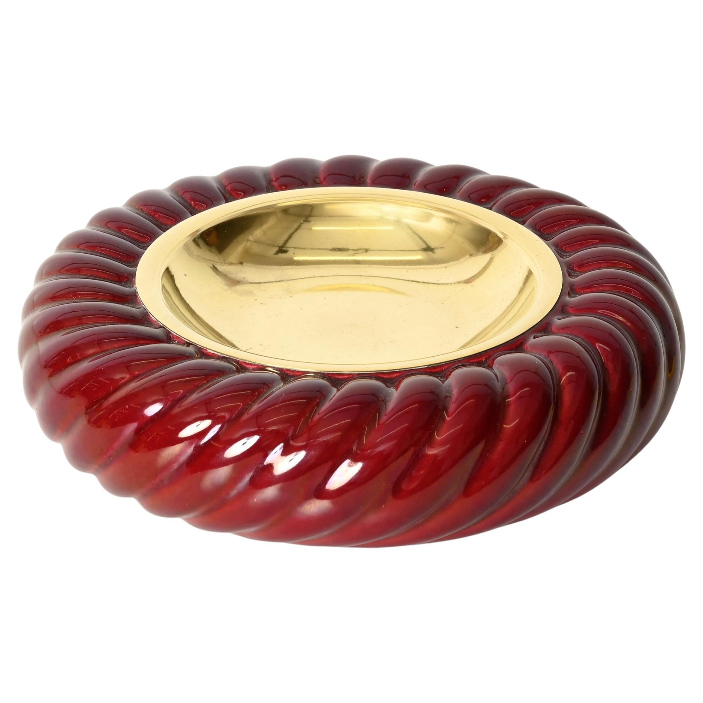 Tommaso Barbi Signed Burgundy Ceramic and Brass Ashtray or Valet Tray, Italy 70s