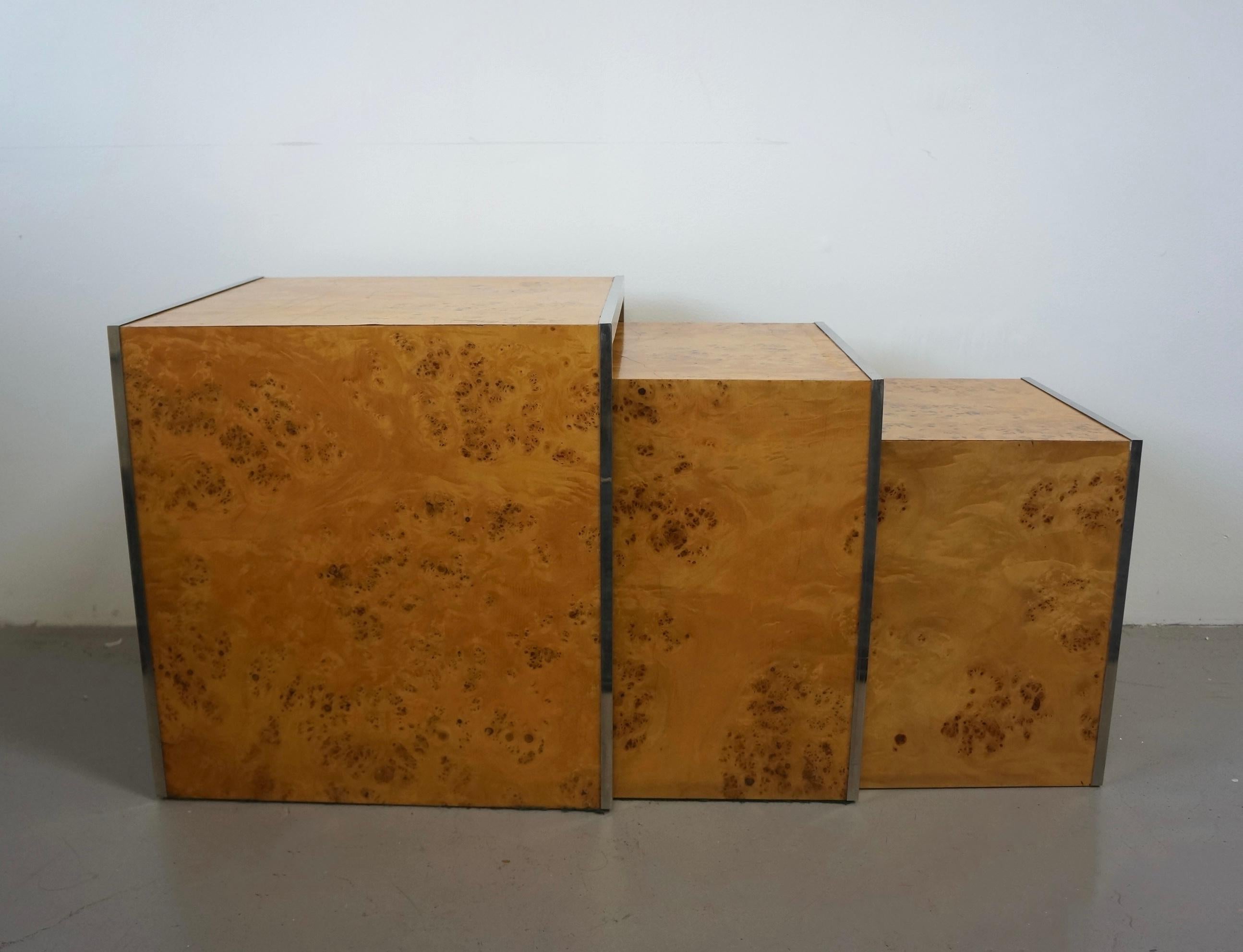Italian Tommaso Barbi Burl Wood And Chrome Nesting Tables 