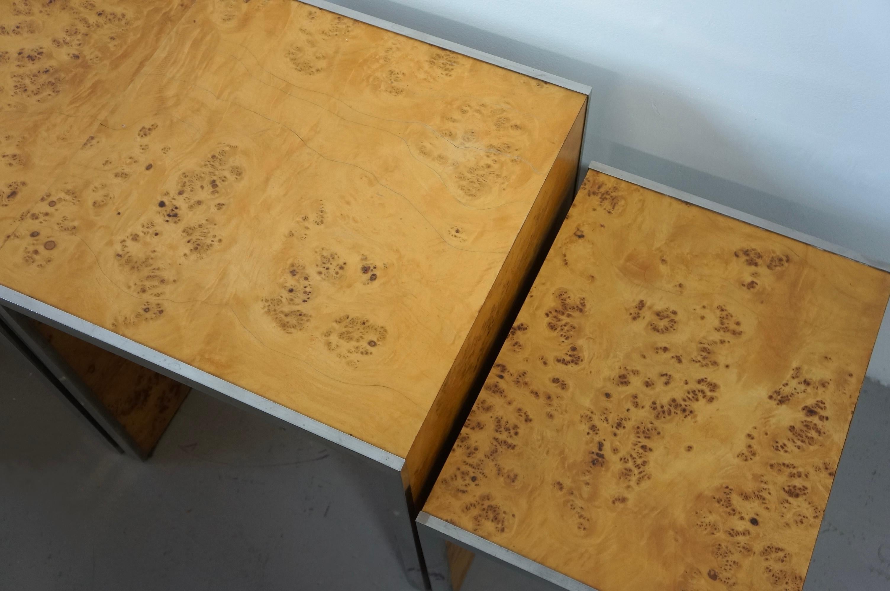 Late 20th Century Tommaso Barbi Burl Wood And Chrome Nesting Tables 