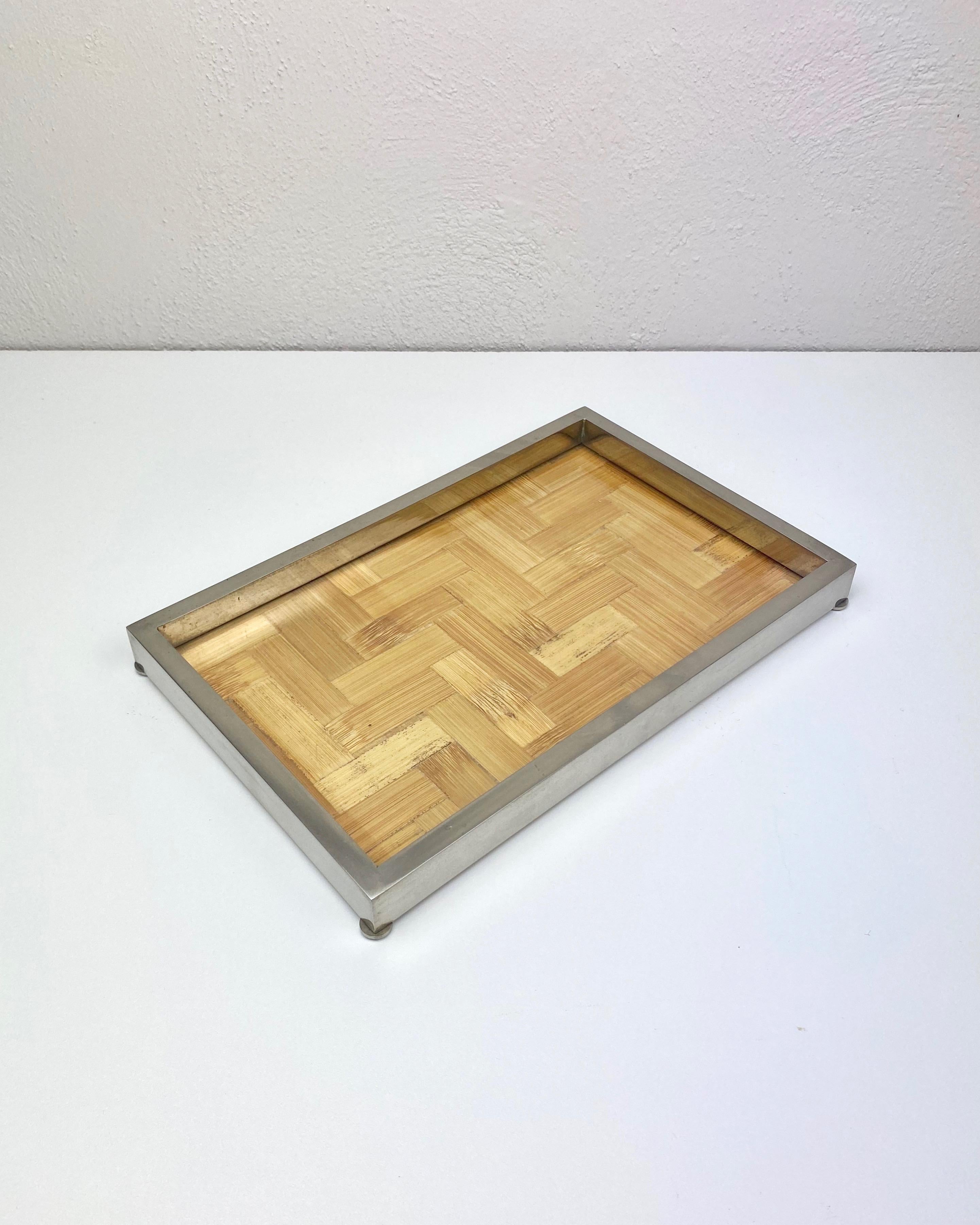 Mid-Century Modern Tommaso Barbi Centrepiece Tray in Chrome, Glass and Bamboo, Italy, 1970s For Sale