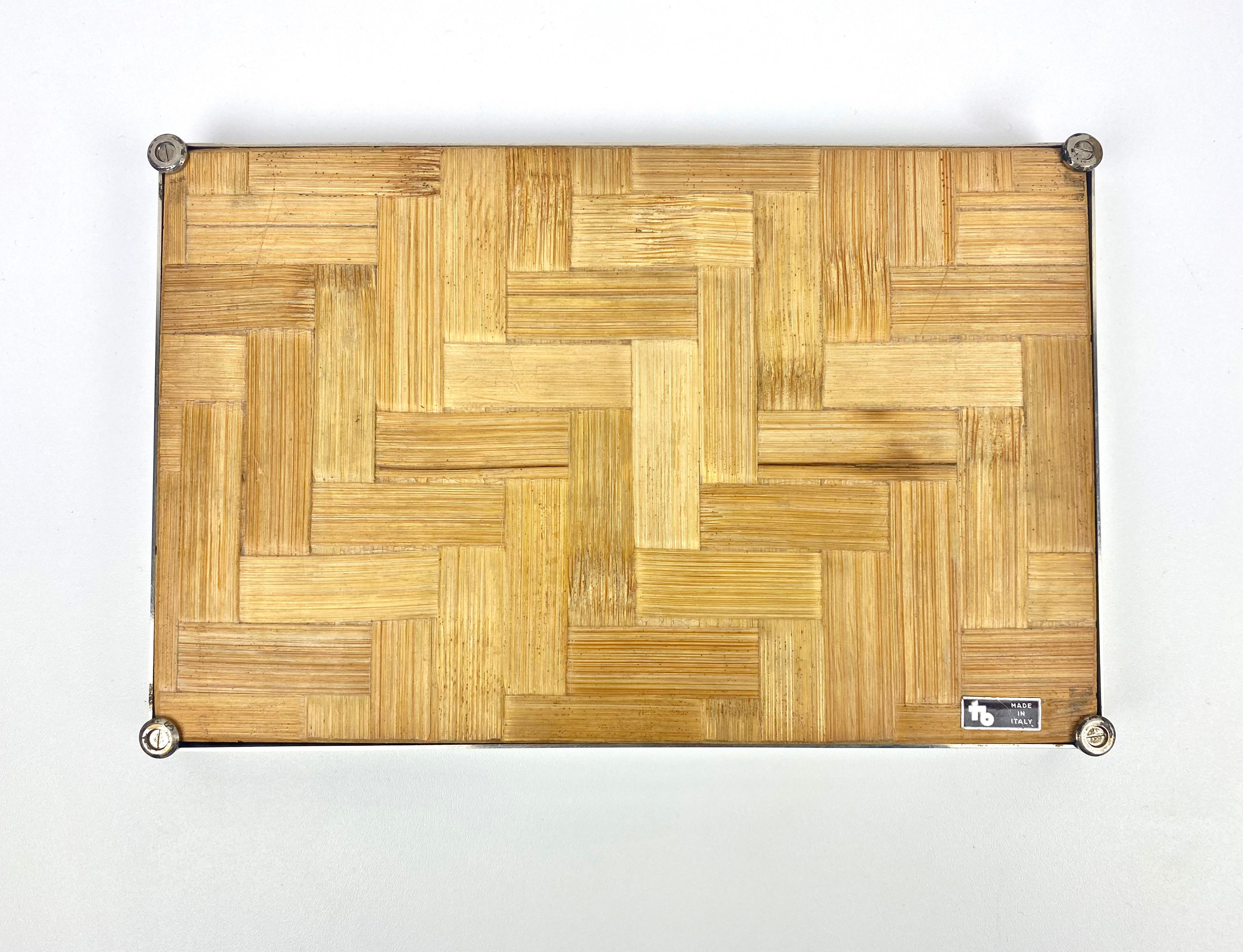 Late 20th Century Tommaso Barbi Centrepiece Tray in Chrome, Glass and Bamboo, Italy, 1970s For Sale