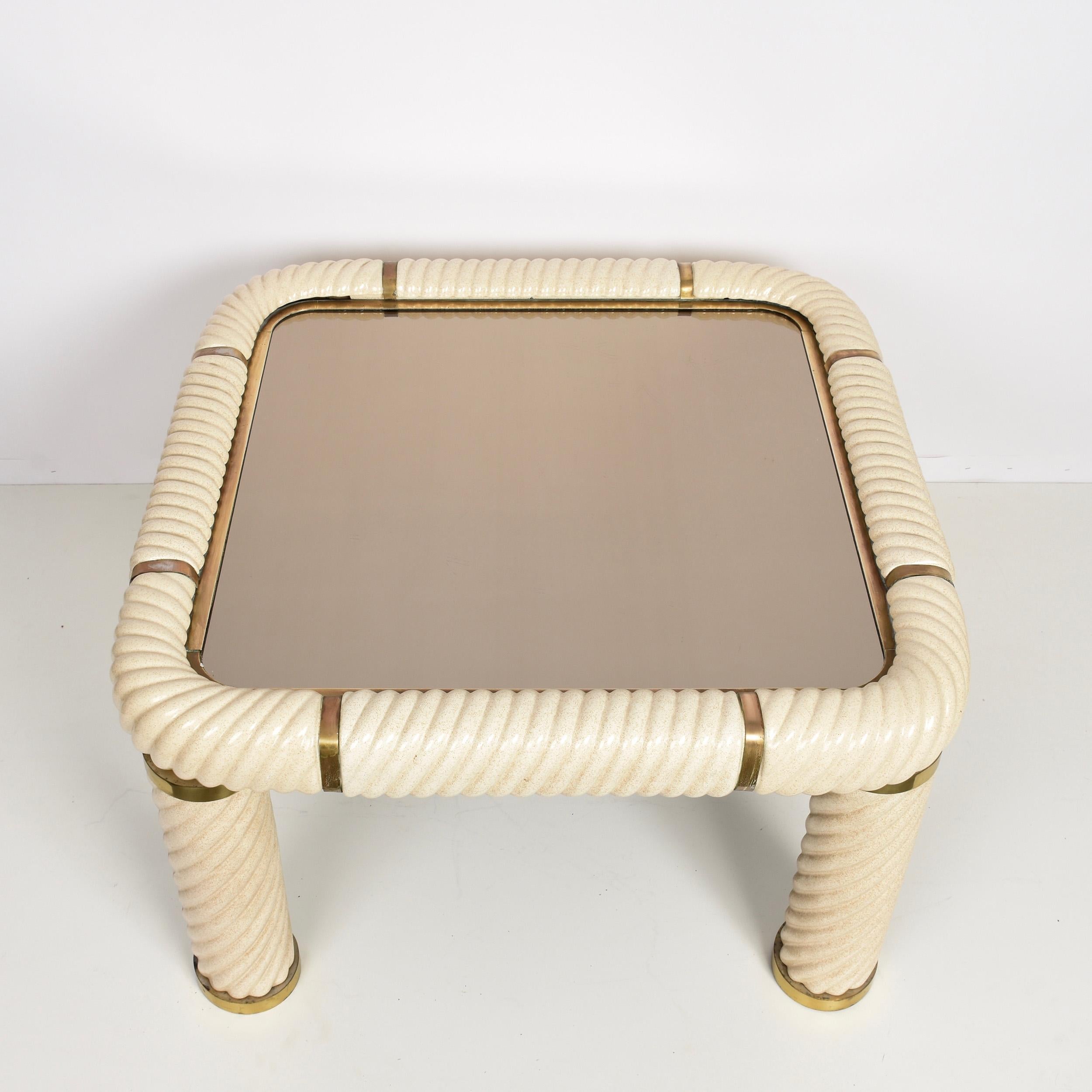 Bronzed Tommaso Barbi Ceramic Brass and Mirrored Glass Italian Cocktail Table, 1970s