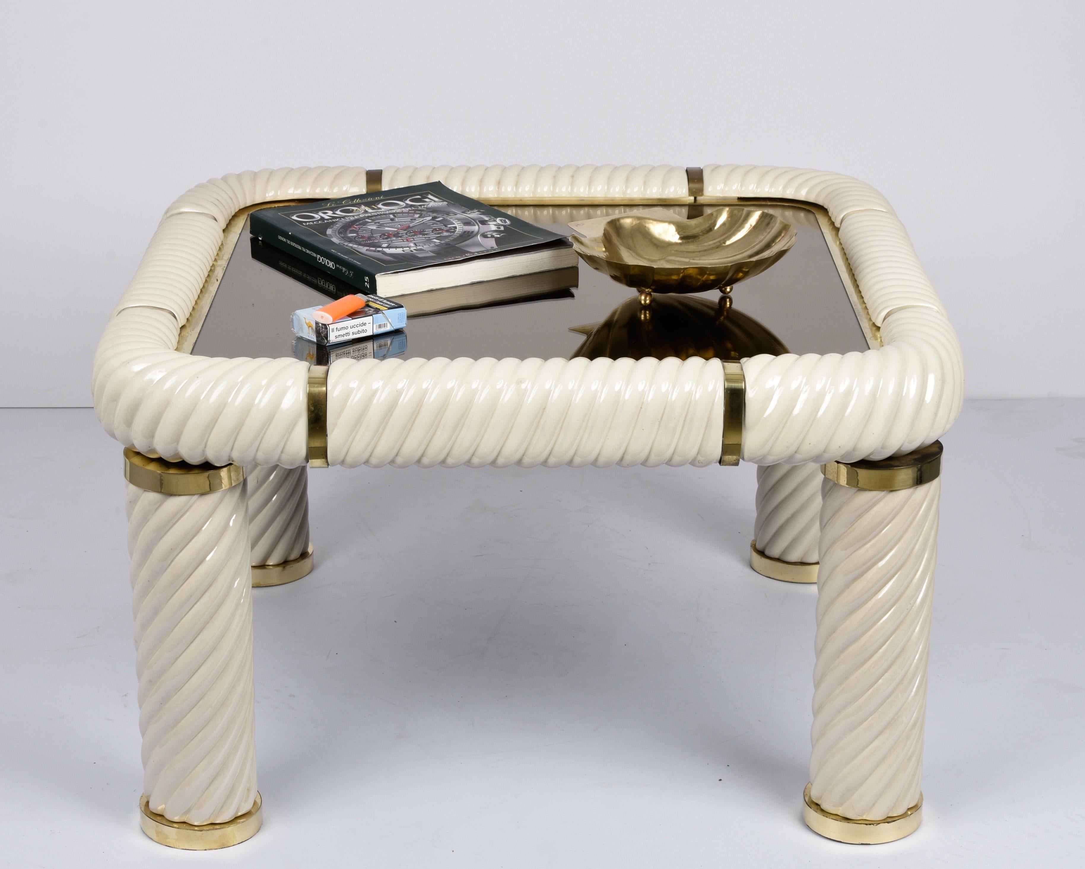 Tommaso Barbi Ceramic Brass and Mirrored Glass Italian Coffee Table, 1970s 10