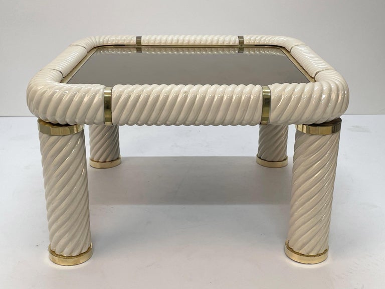 Bronzed Tommaso Barbi Ceramic Brass and Mirrored Glass Italian Coffee Table, 1970s For Sale