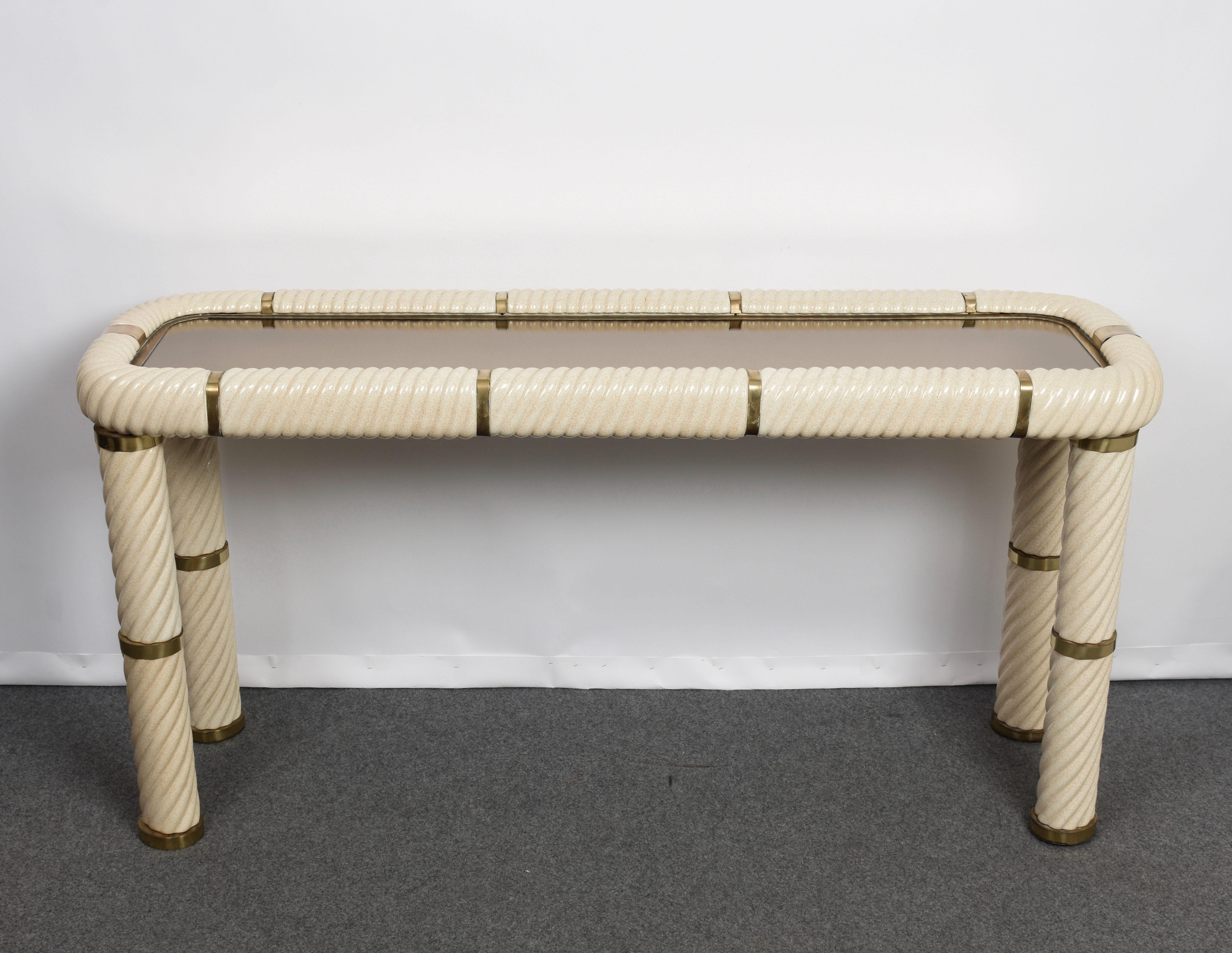 Hollywood Regency Tommaso Barbi Ceramic Brass and Mirrored Glass Italian Console Table, 1970s