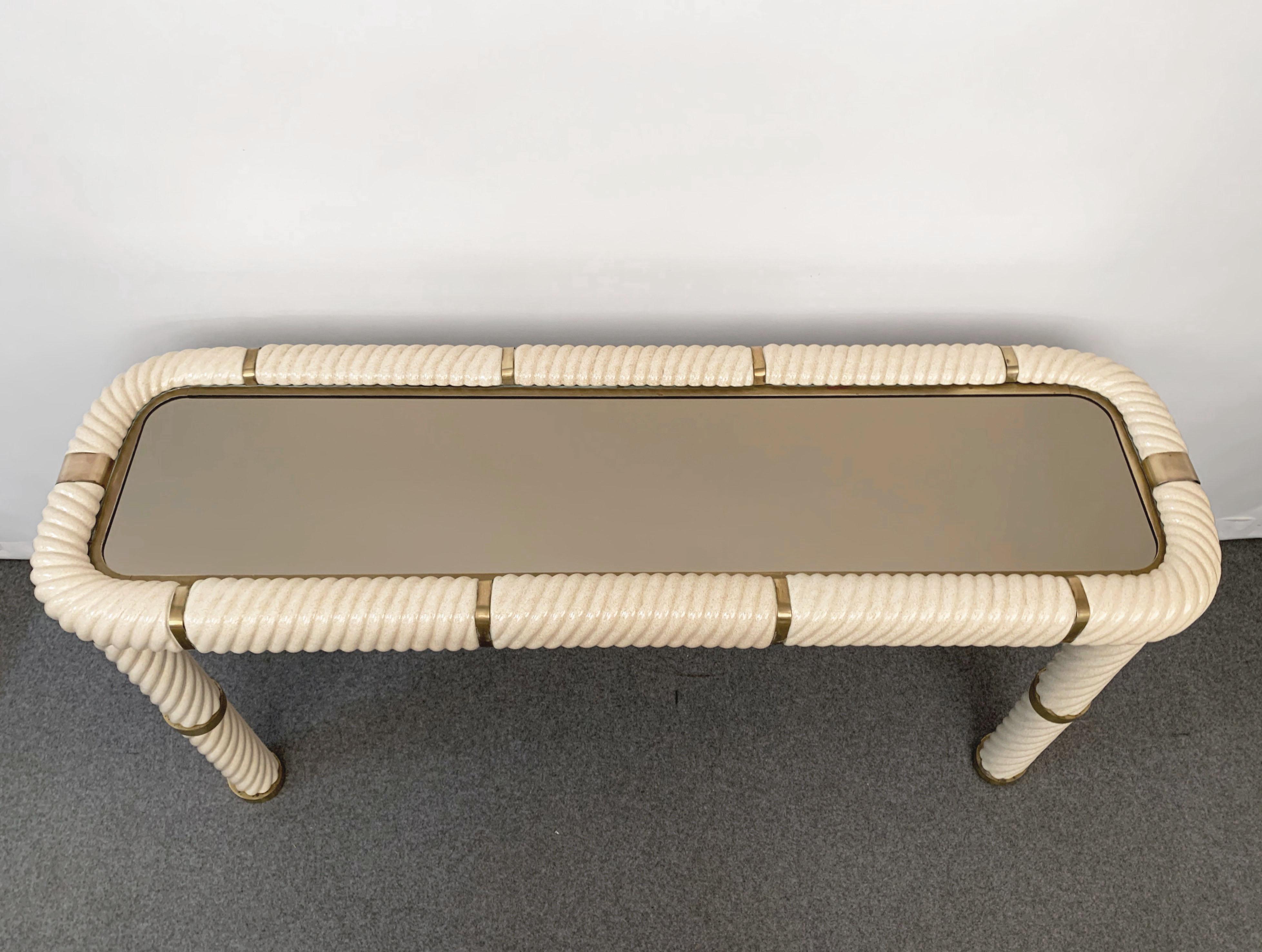 Tommaso Barbi Ceramic Brass and Mirrored Glass Italian Console Table, 1970s In Good Condition In Roma, IT