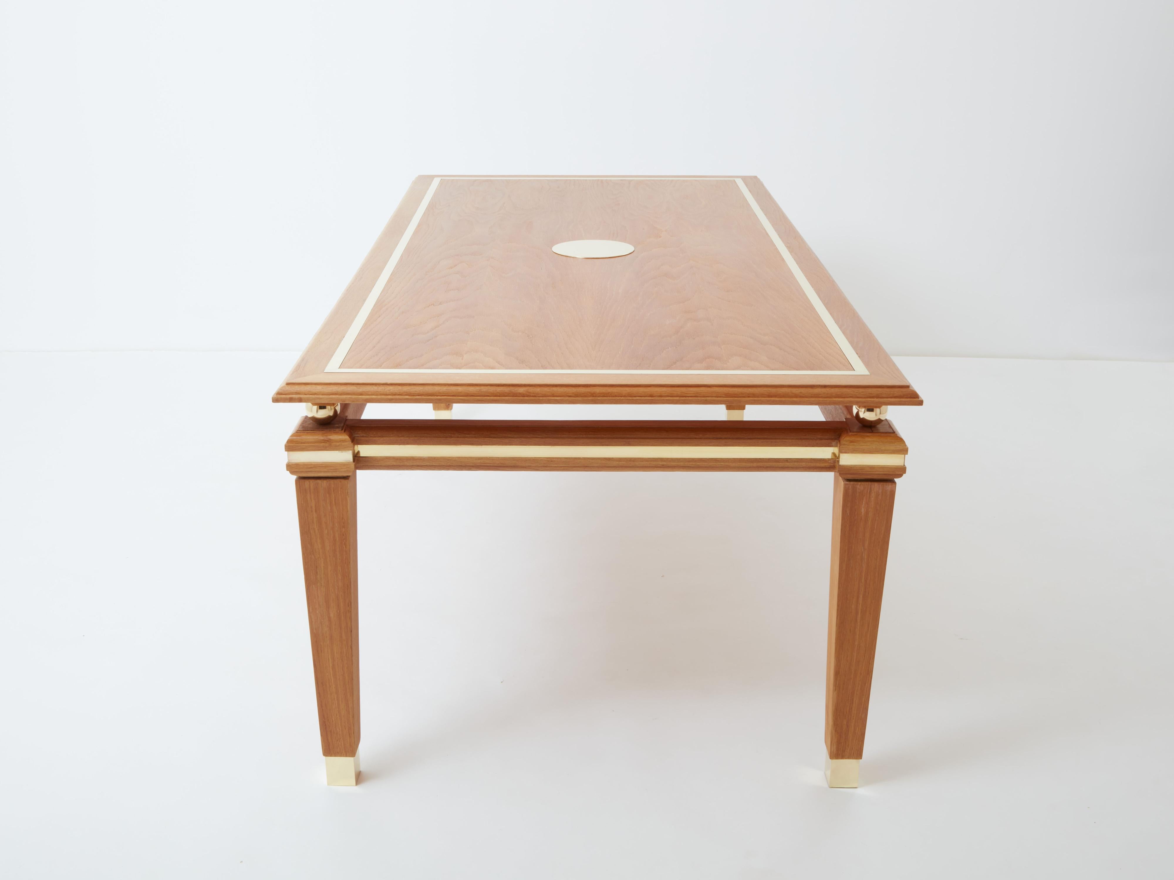 Brass Tommaso Barbi cerused oak and brass dining table 1970s For Sale