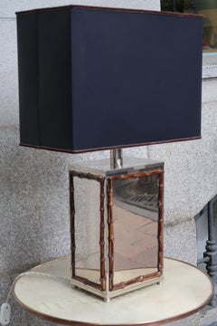 Tommaso Barbi, Chrome and Bamboo Midcentury Signed Table Lamp, Italy, 1960