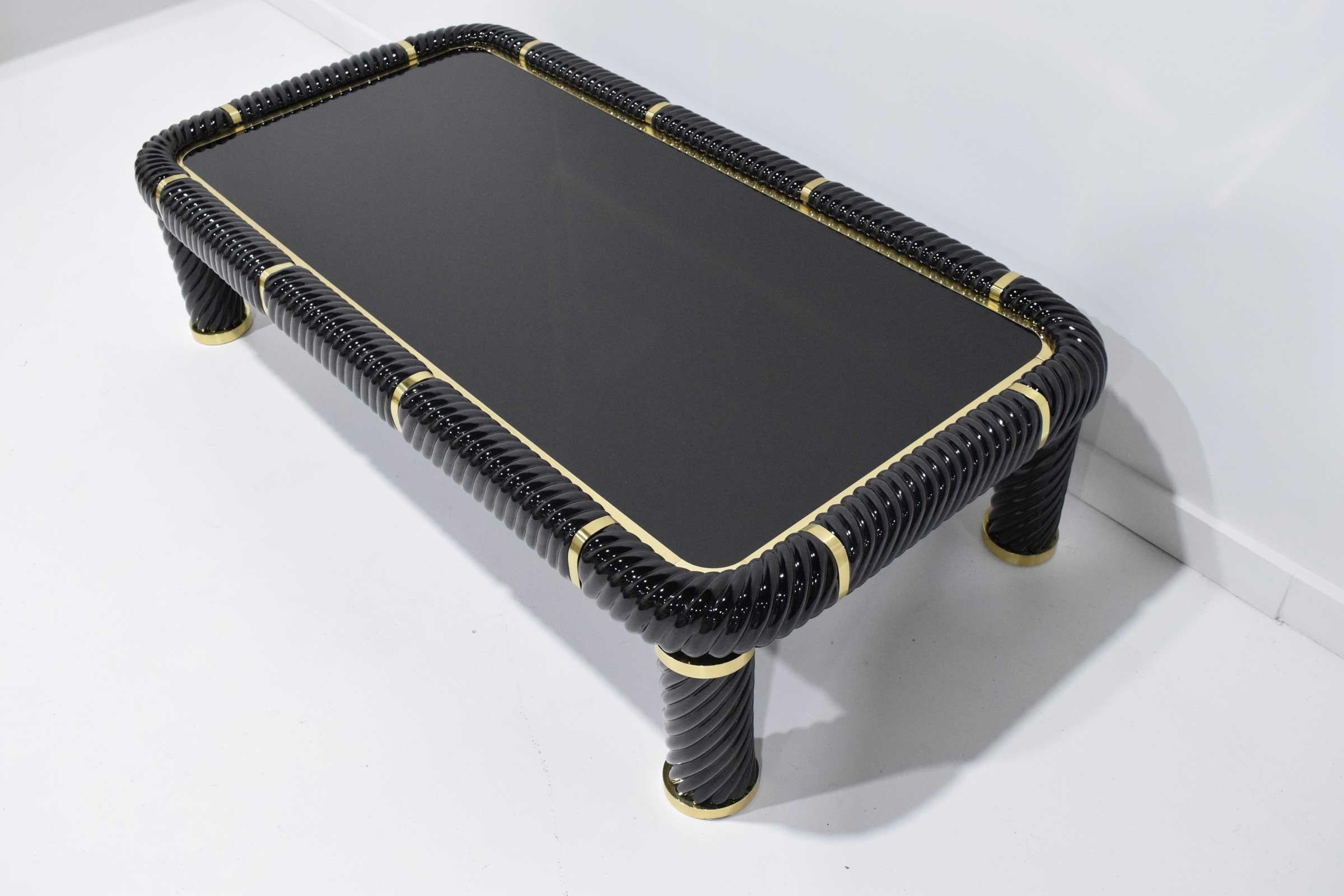 Mid-Century Modern Tommaso Barbi Cocktail Table in Black Ceramic with Brass Trim For Sale