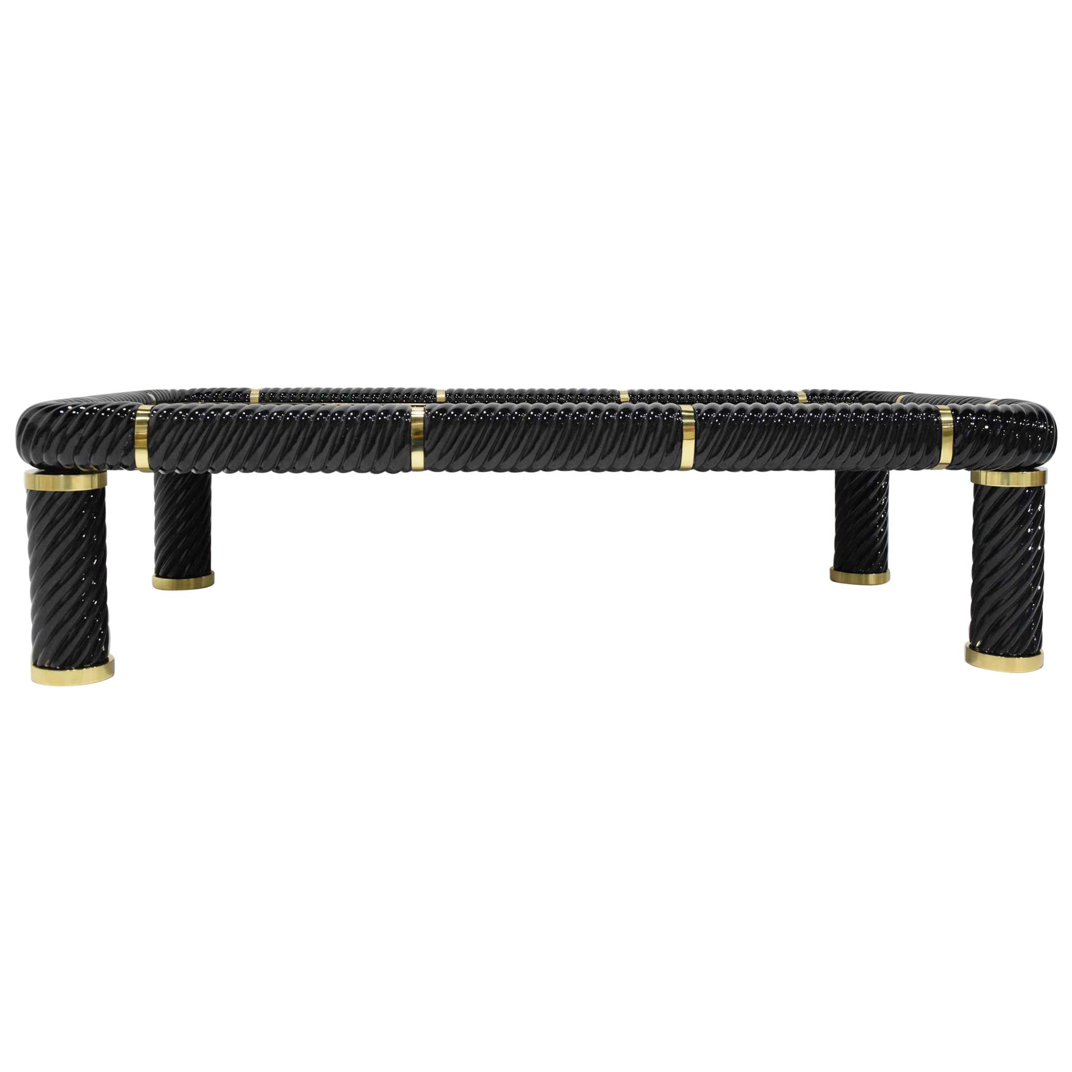 Tommaso Barbi Cocktail Table in Black Ceramic with Brass Trim For Sale