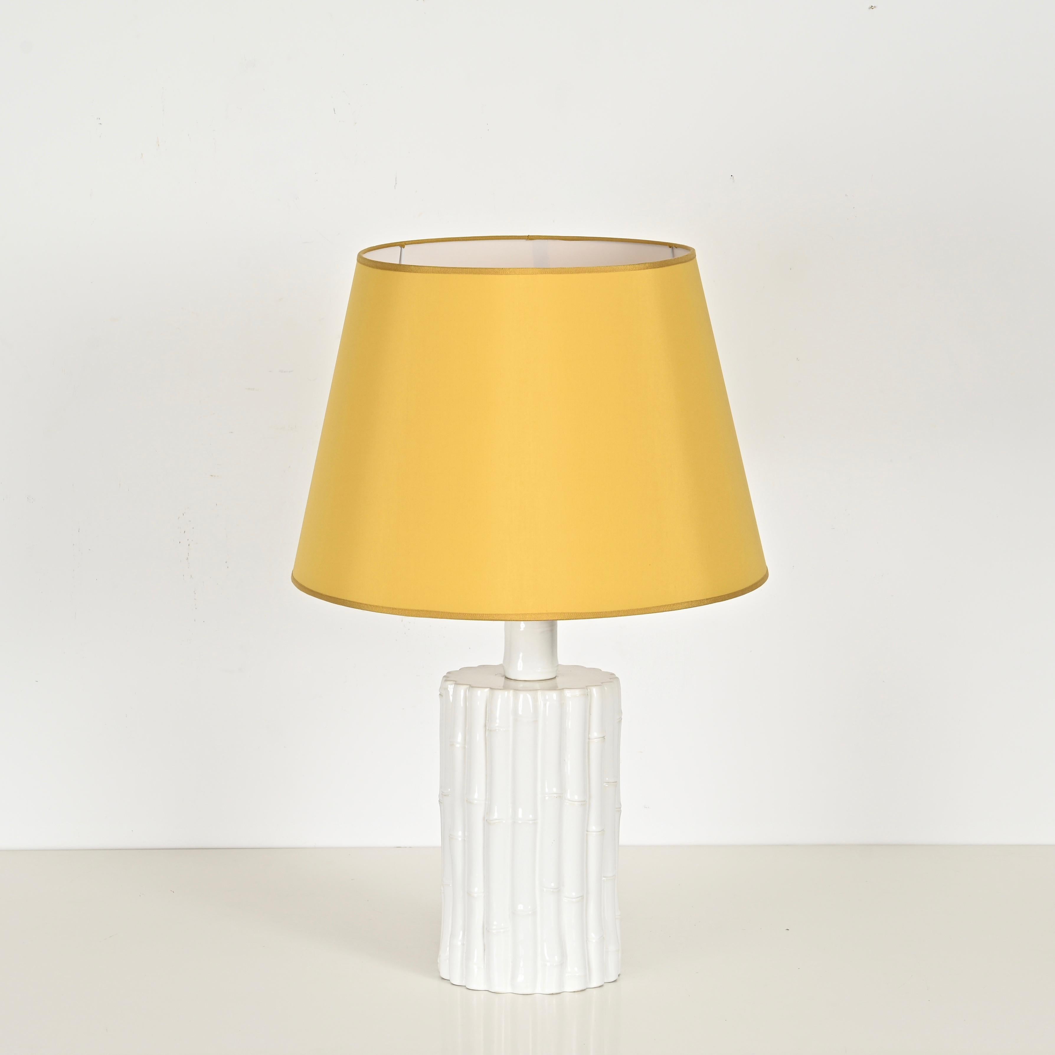 Tommaso Barbi Faux Bamboo White Ceramic Large Table Lamp, Italy 1970s For Sale 3