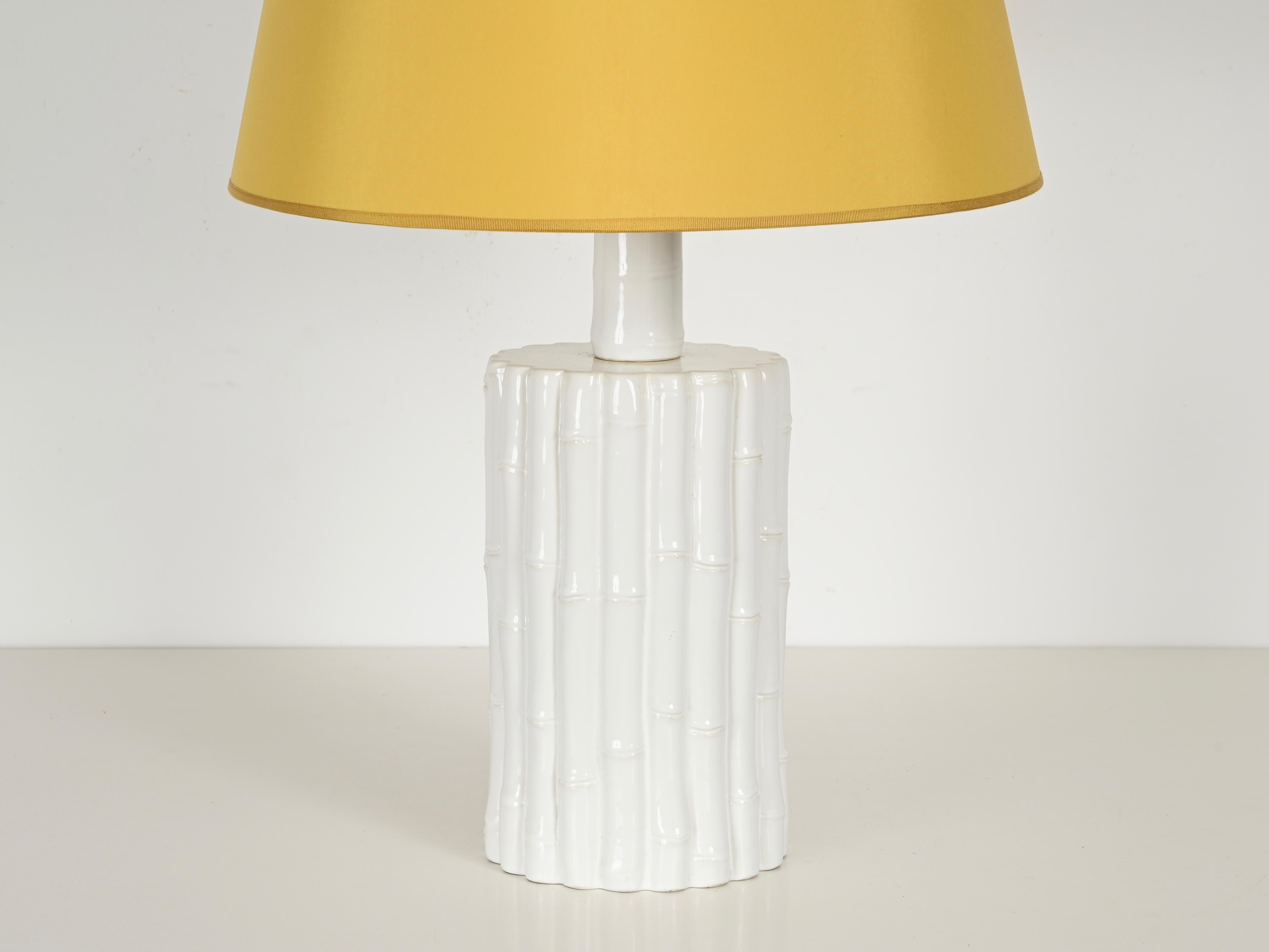 Tommaso Barbi Faux Bamboo White Ceramic Large Table Lamp, Italy 1970s For Sale 4