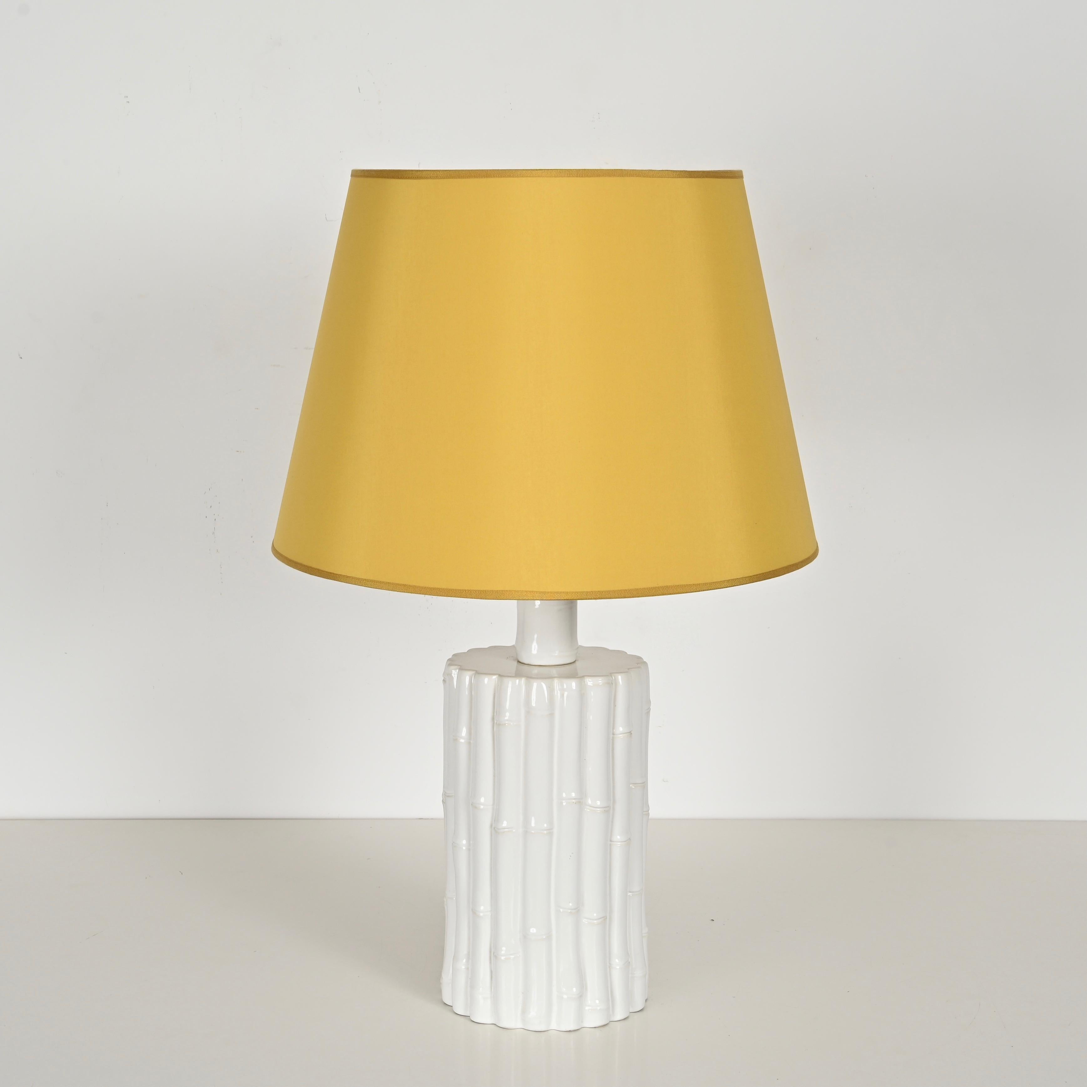 Tommaso Barbi Faux Bamboo White Ceramic Large Table Lamp, Italy 1970s For Sale 5