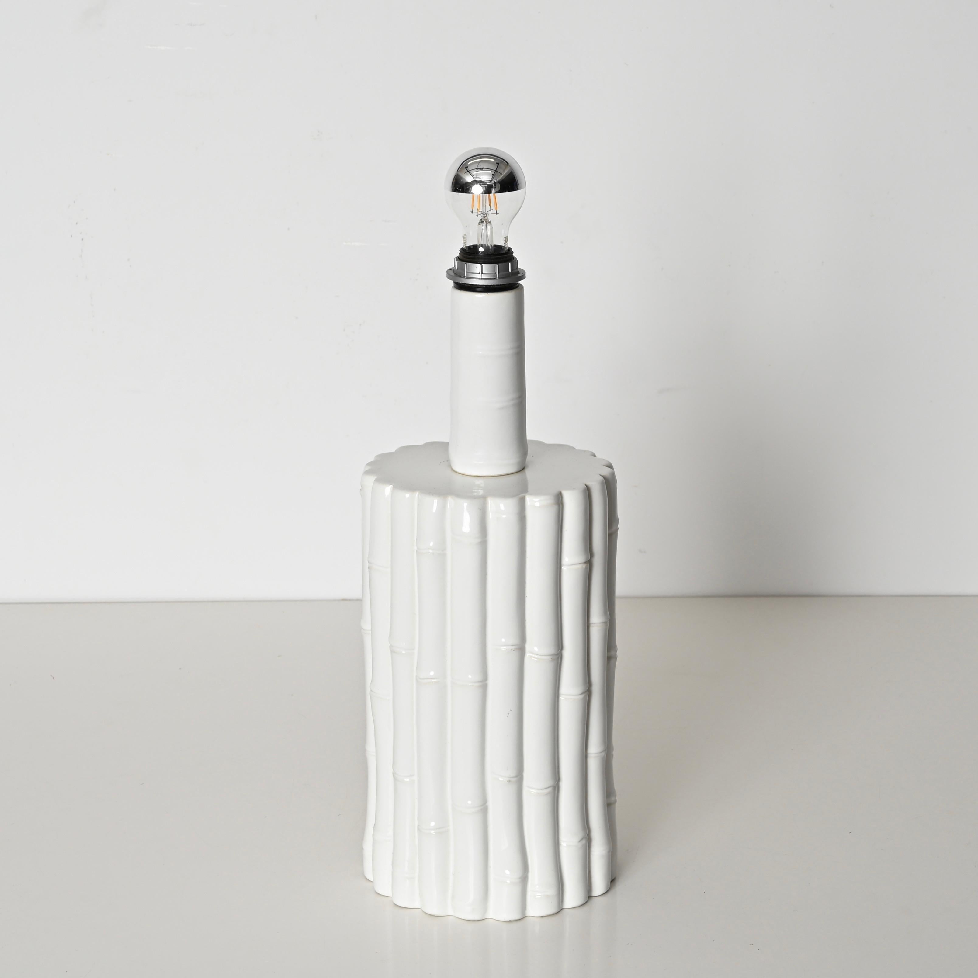 Tommaso Barbi Faux Bamboo White Ceramic Large Table Lamp, Italy 1970s For Sale 7