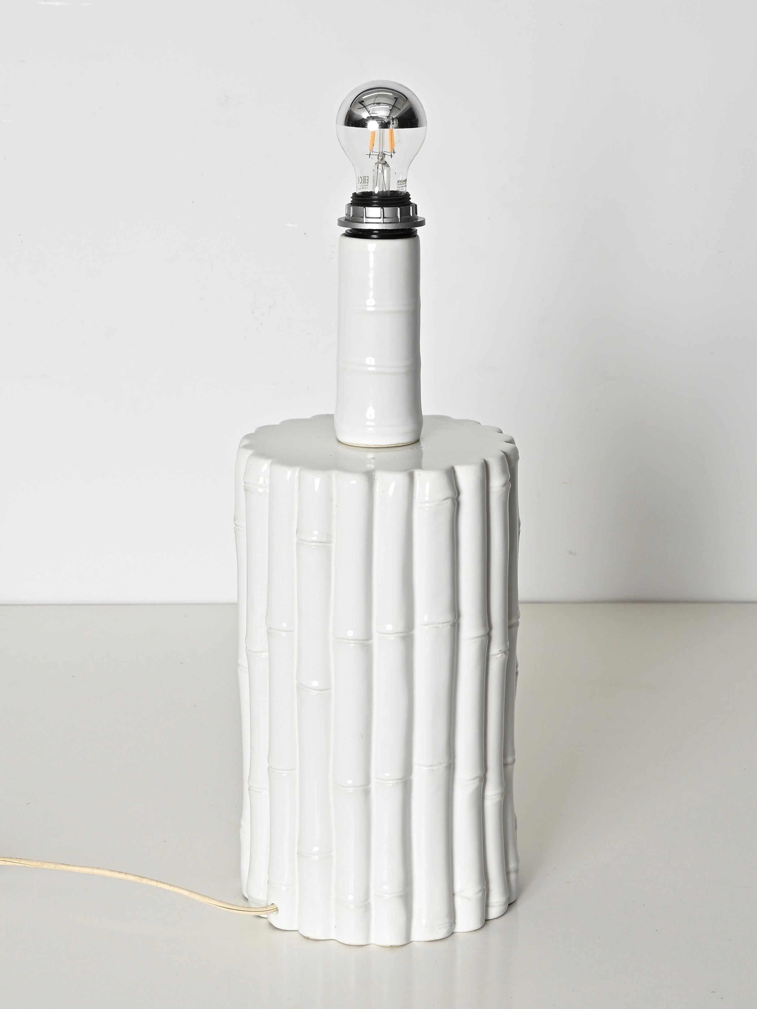 Tommaso Barbi Faux Bamboo White Ceramic Large Table Lamp, Italy 1970s For Sale 8