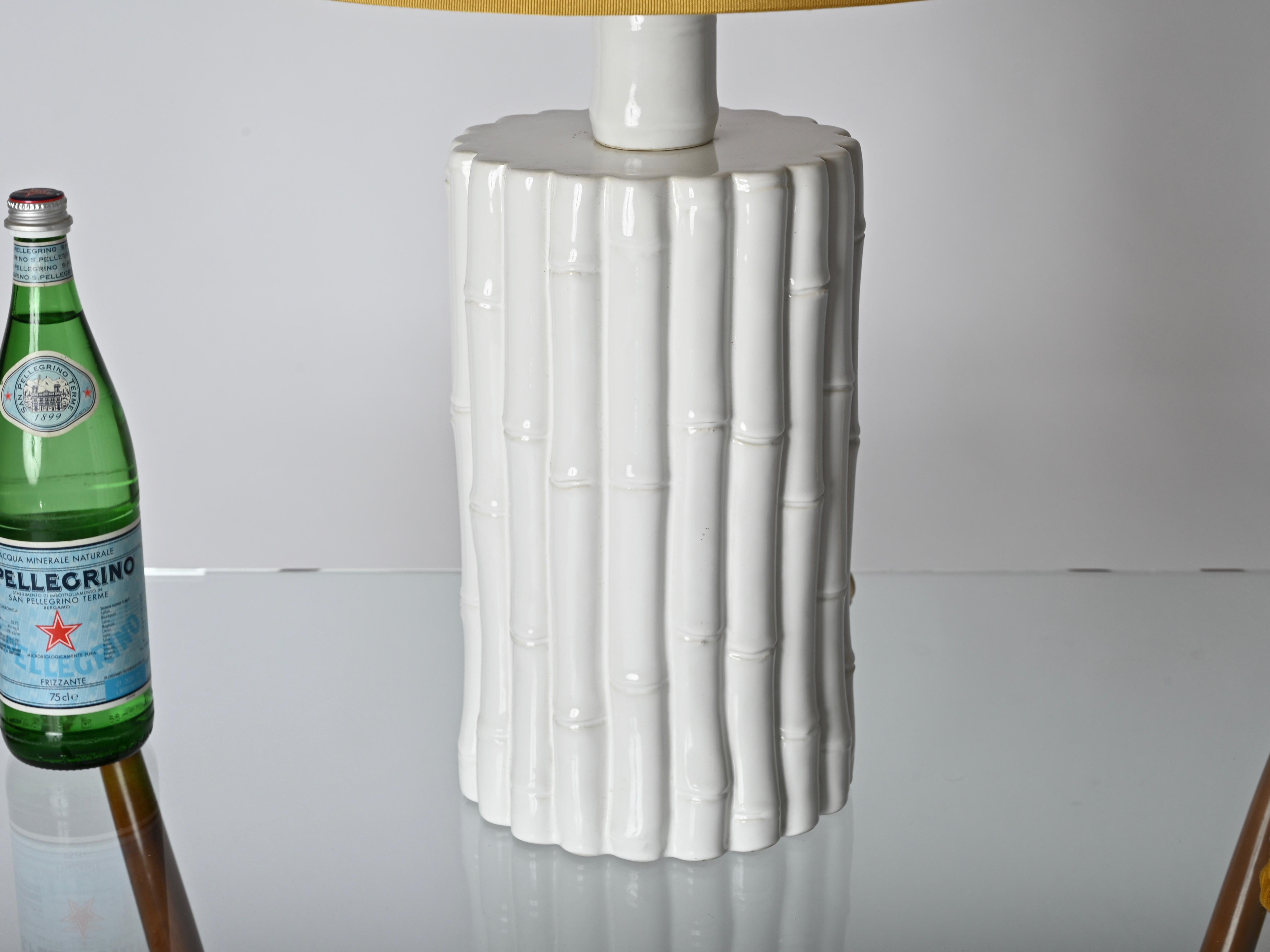 Mid-Century Modern Tommaso Barbi Faux Bamboo White Ceramic Large Table Lamp, Italy 1970s For Sale