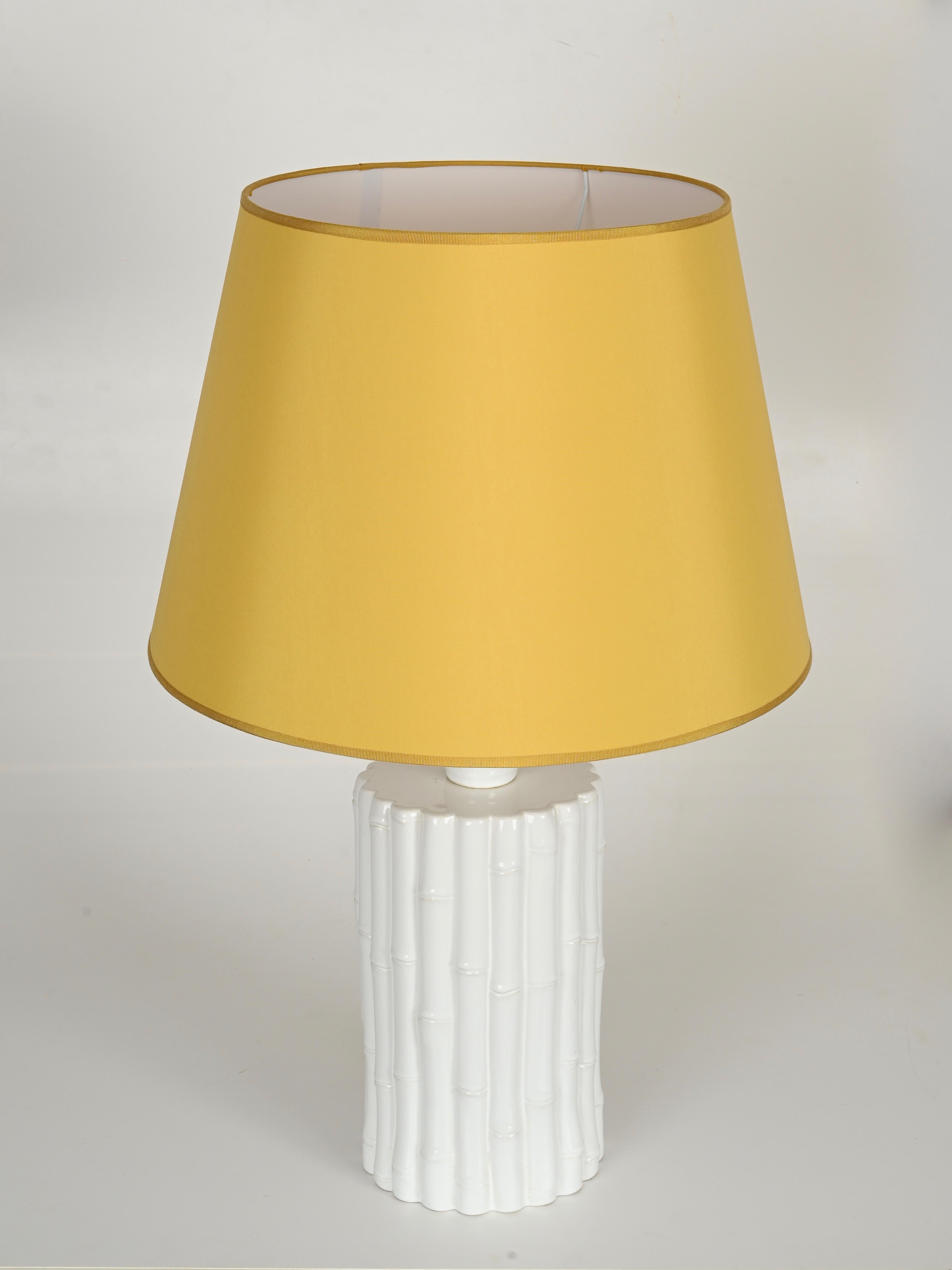 Italian Tommaso Barbi Faux Bamboo White Ceramic Large Table Lamp, Italy 1970s For Sale