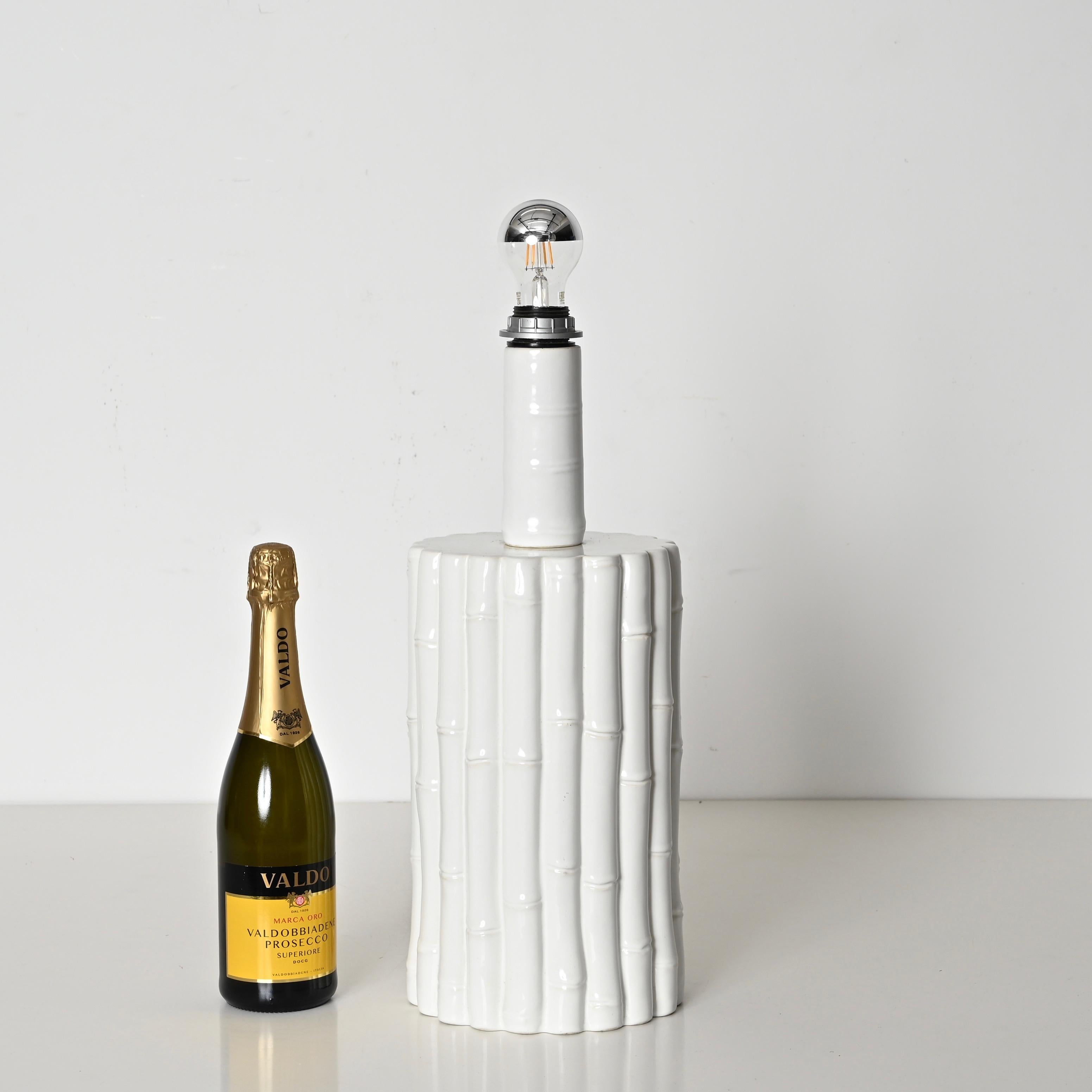 Glazed Tommaso Barbi Faux Bamboo White Ceramic Large Table Lamp, Italy 1970s For Sale