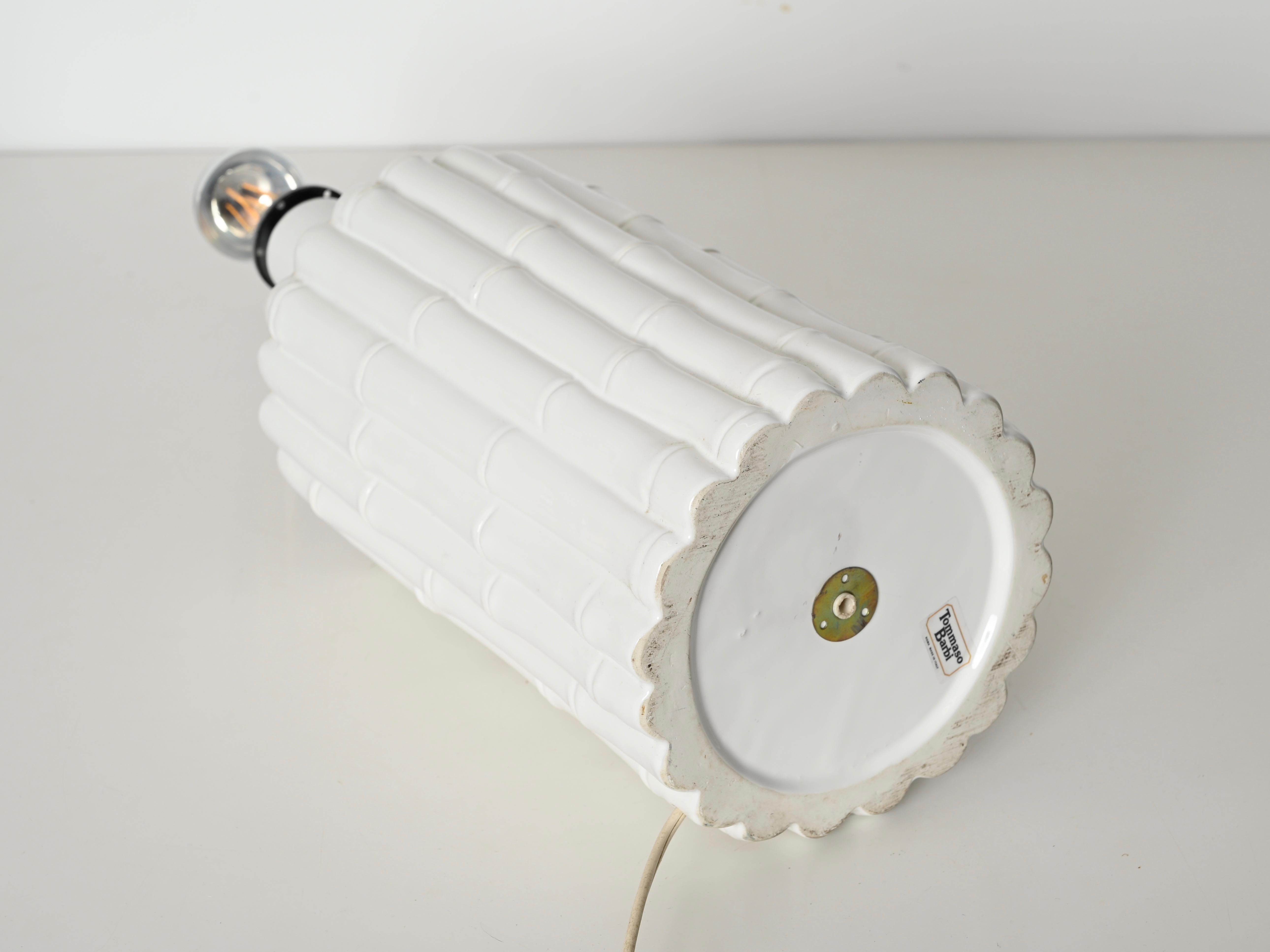 Late 20th Century Tommaso Barbi Faux Bamboo White Ceramic Large Table Lamp, Italy 1970s For Sale