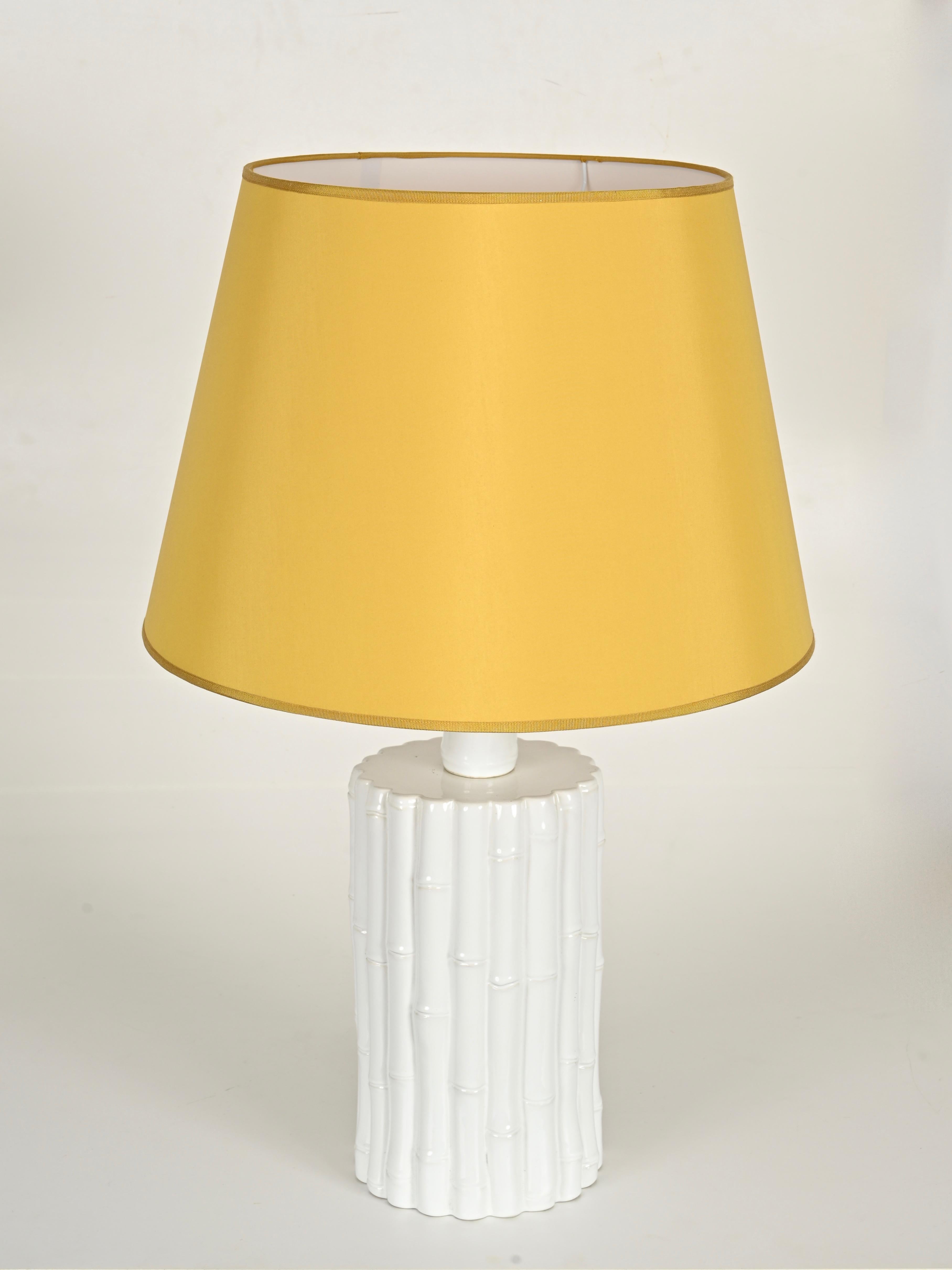 Tommaso Barbi Faux Bamboo White Ceramic Large Table Lamp, Italy 1970s For Sale 2