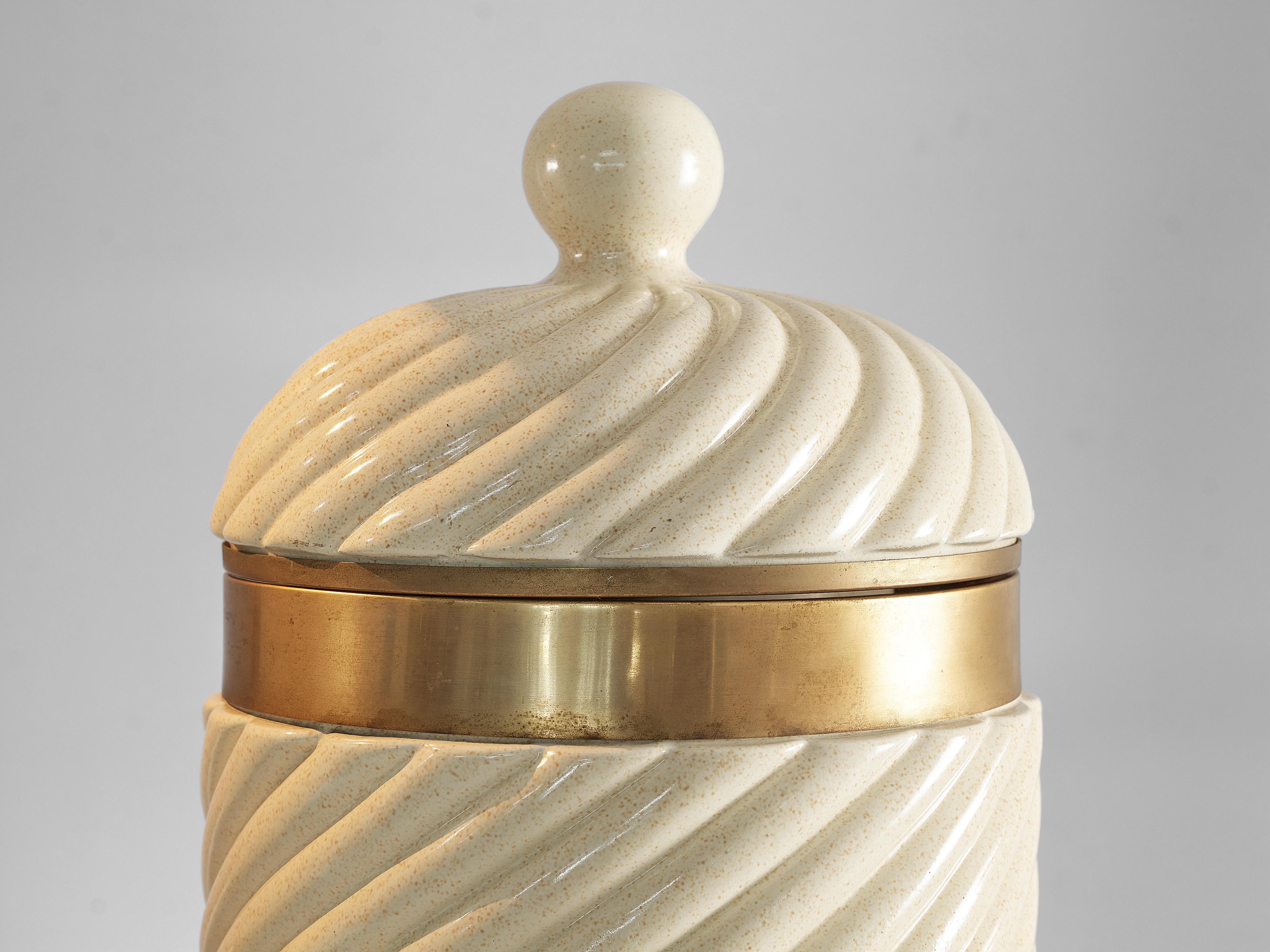 Mid-Century Modern Tommaso Barbi Ice Bucket in Brass and Ceramic
