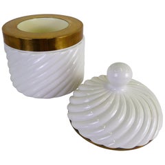 Retro Tommaso Barbi Iconic Rope Swirl Ice Bucket Vessel in White Ceramic and Brass