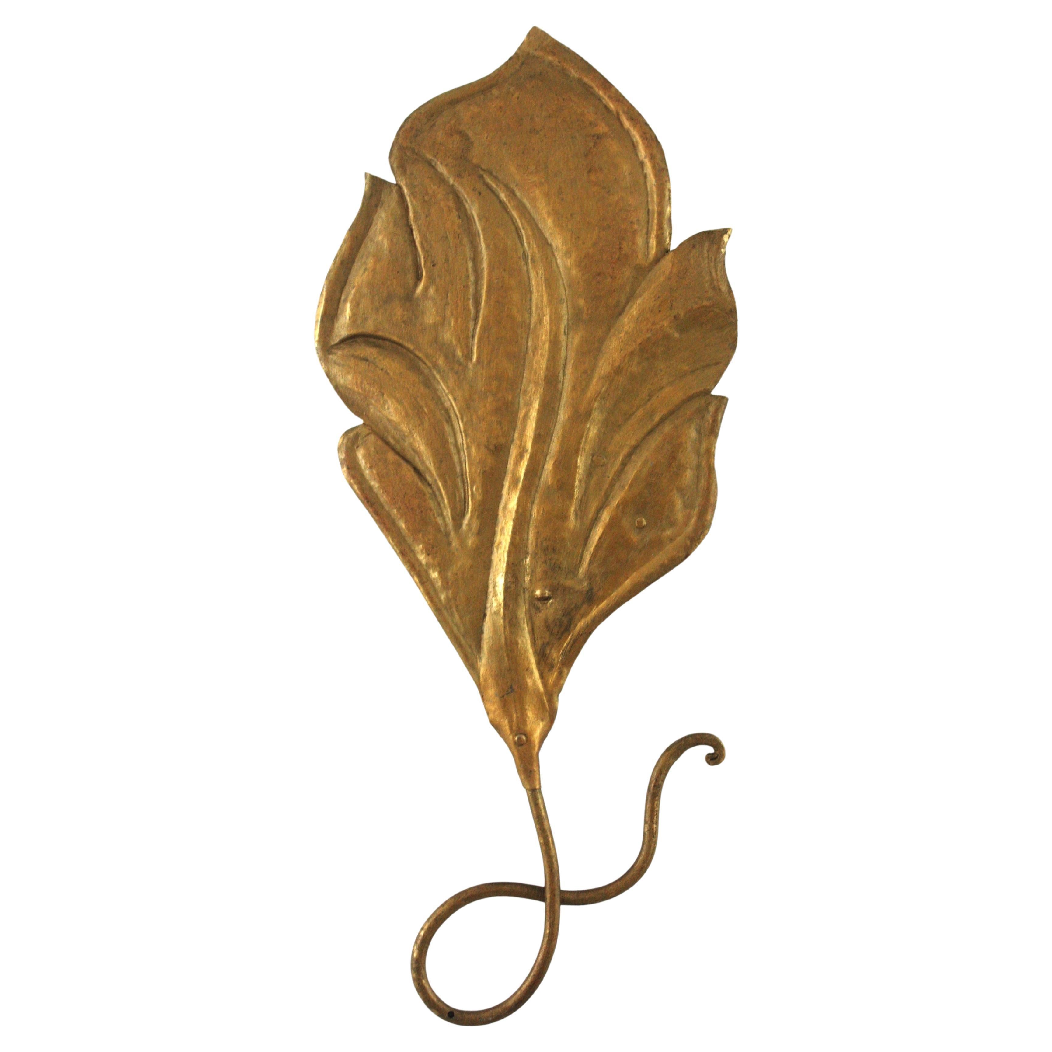 Tommaso Barbi Inspired Large Leaf Wall Light in Gilt Iron, Italy 1950s