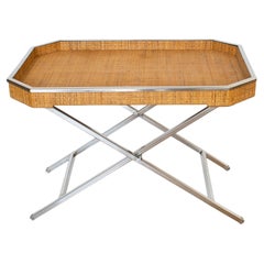 Tommaso Barbi Italy Folding Tray Table in Wicker and Chrome, circa 1970