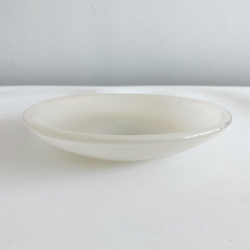 White with gold fleck Murano shallow bowl dish by Tommaso Barbi, Italy. Label on underside.